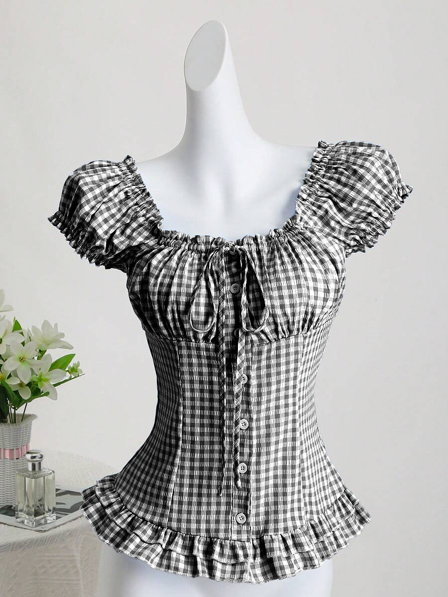 Plaid Cinched-waist Versatile Top For Women