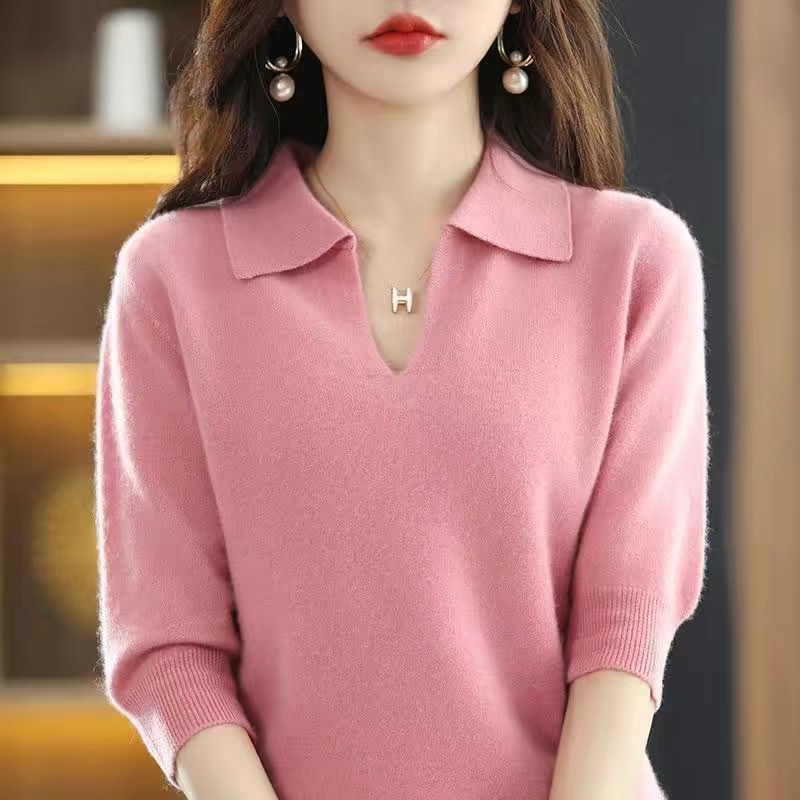 Five-Quarter Sleeve Lapel Sweater Base Layer Womens Top