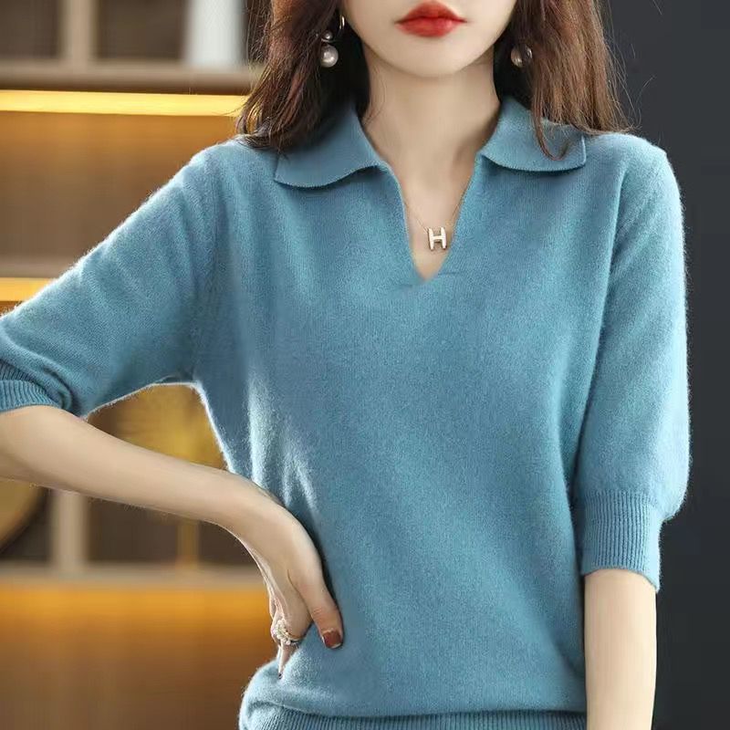 Five-Quarter Sleeve Lapel Sweater Base Layer Womens Top
