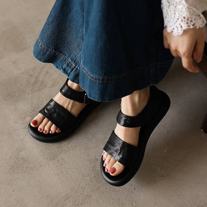 Women's Washed Full Grain Leather Platform Sandals, Two Strap Buckle Flat Shoes