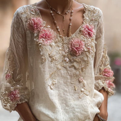 Womens V neck 3D printed Short sleeve Top With An Elegant  Artistic  And Vintage Vibe