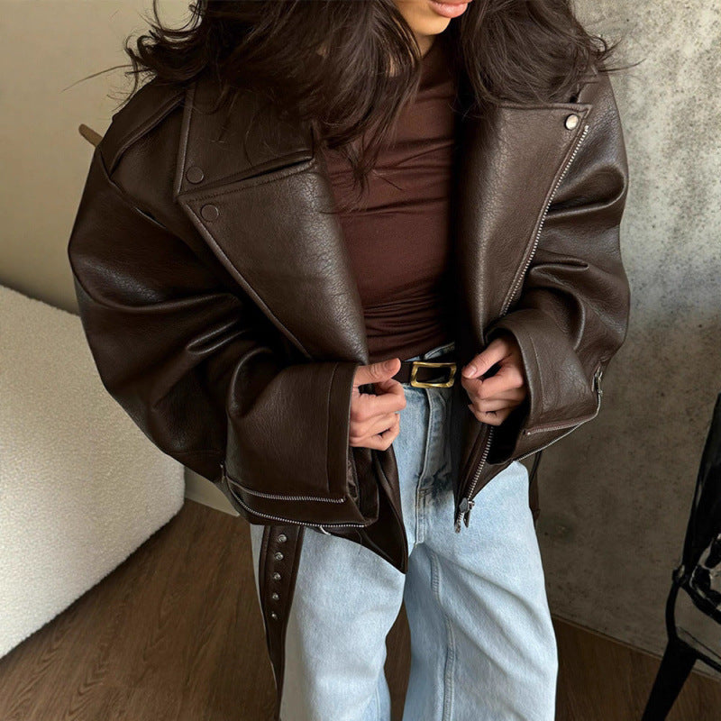 Turn-down Collar Short  Laced Brown Leather Jacket