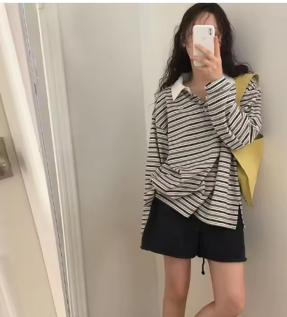 Simple Style Loose Striped Contrast Color Polo Collar Long Sleeve Top