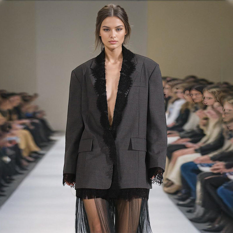 Lace-Panel Design Statement Long-Sleeve Structured Blazer For Women