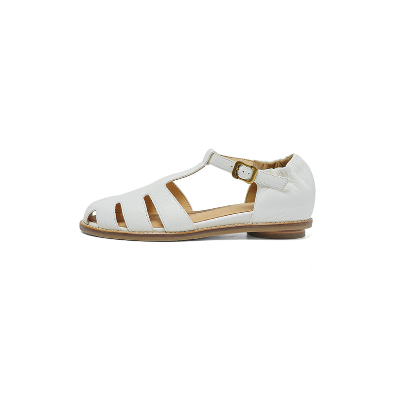 Retro Roman Closed Toe Leather Sandals, Premium Full Grain T-Strap Flats