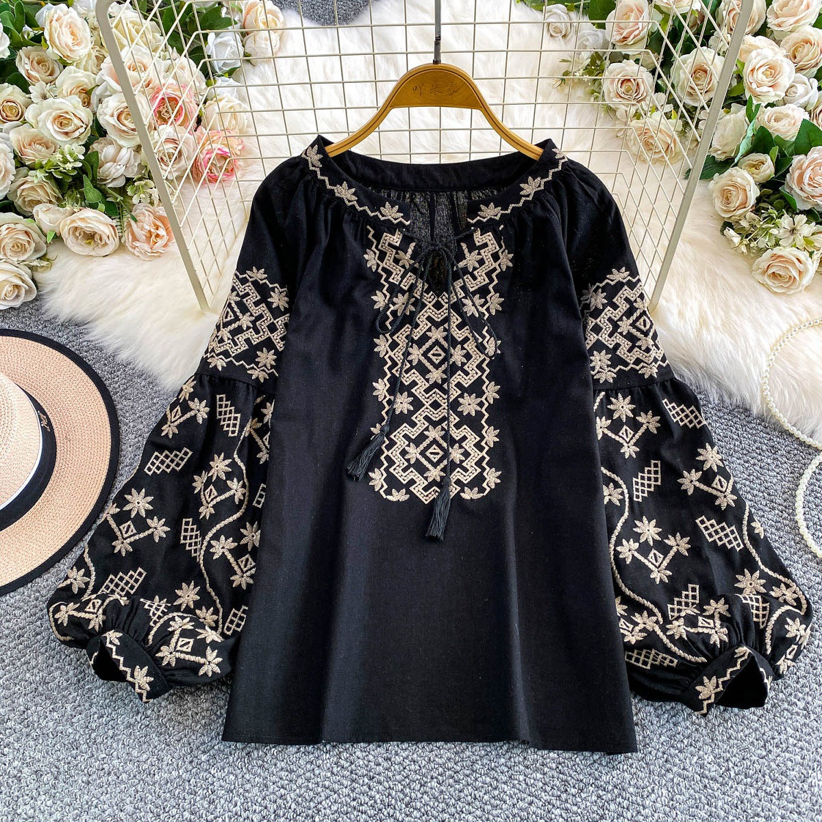 Retro Embroidered Puff Sleeve Shirt For Women