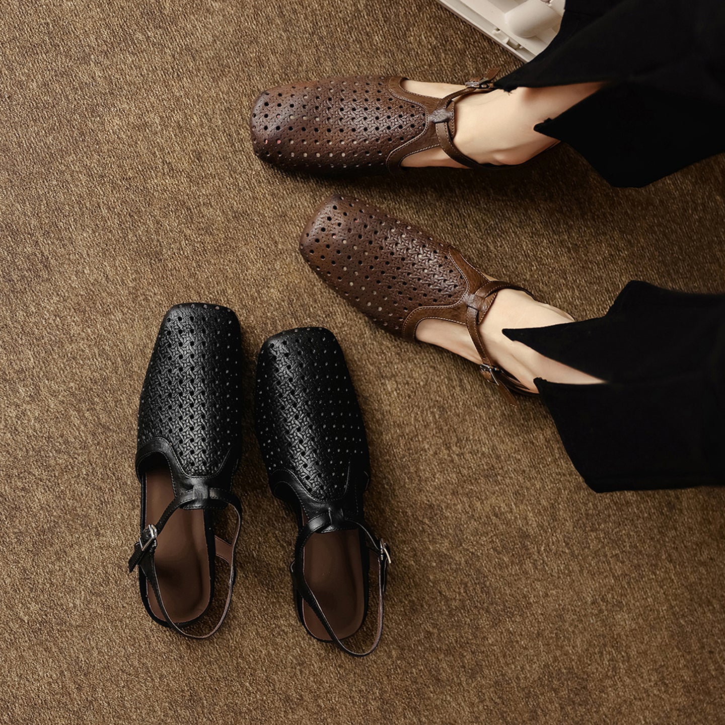 Women's Washed Full Grain Leather Slingback Sandals, Perforated T-Strap Closed-Toe Flat Shoes