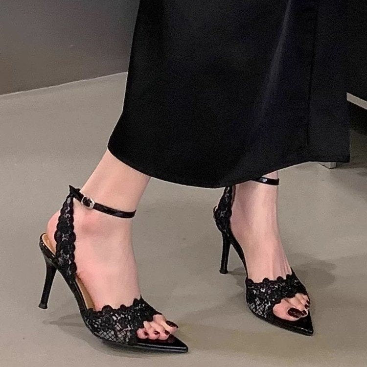 2026 Summer New French Niche Design Women Sandals, Pointed Toe Lace Stiletto High Heel Open Toe Outdoor Shoes