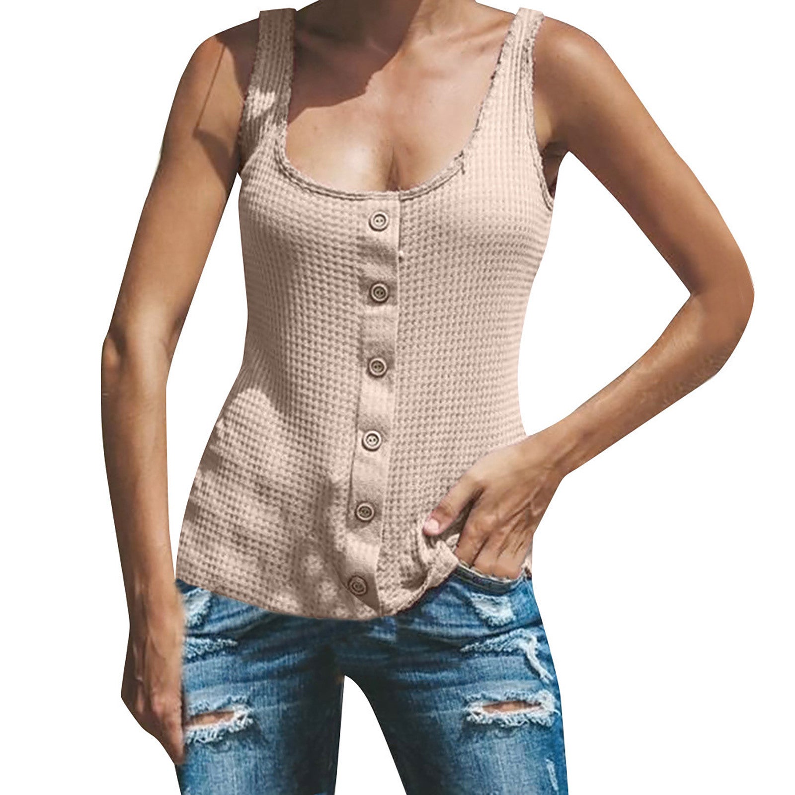 Women's U-neck Solid Color Sleeveless Breasted Vest T-shirt Top