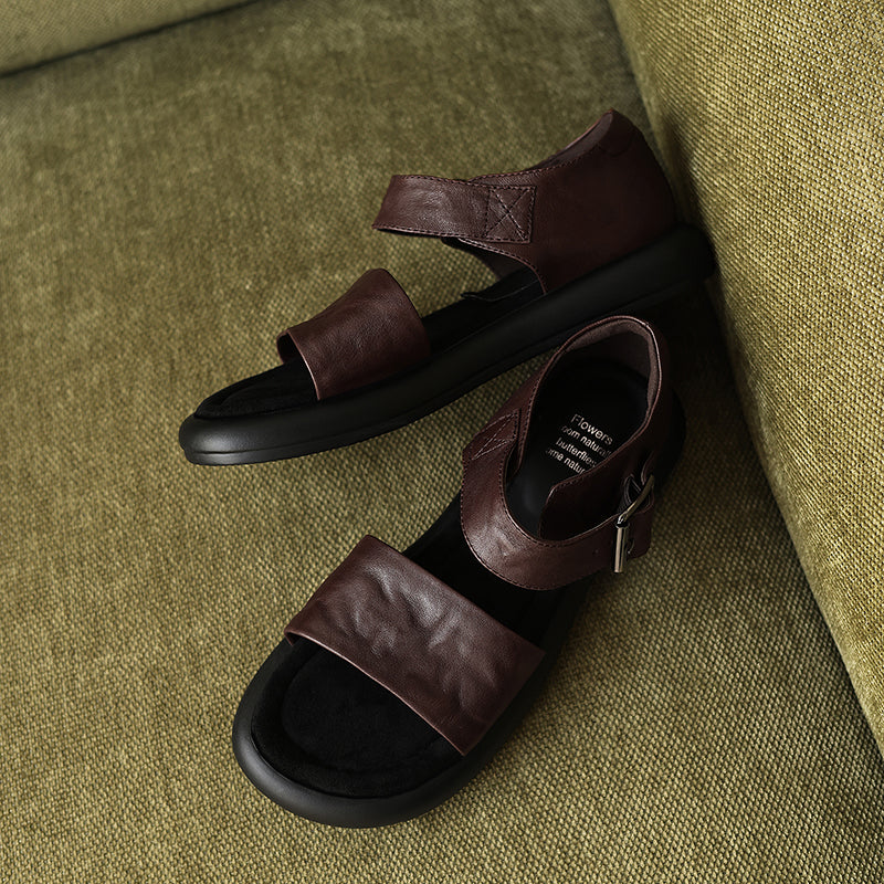 Women's Washed Full Grain Leather Platform Sandals, Two Strap Buckle Flat Shoes