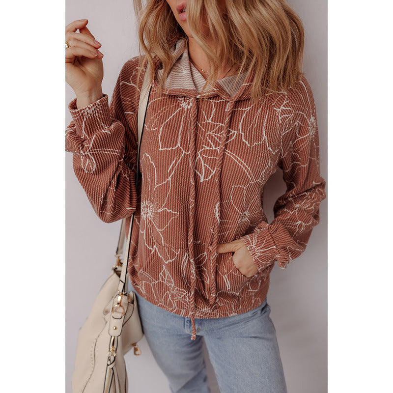 Fashionable All-match Flower Printed Long-sleeved Top Women