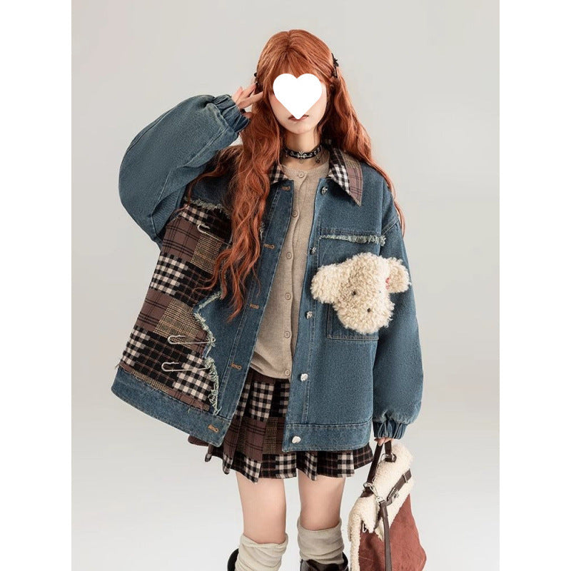 Women's Color Block Denim Coat – Loose Fit Cotton