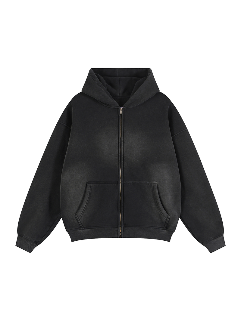 Unisex Vintage Sunfade Two-Way Zip Boxy Fleece Hoodie – Oversized Heavyweight Hoodie