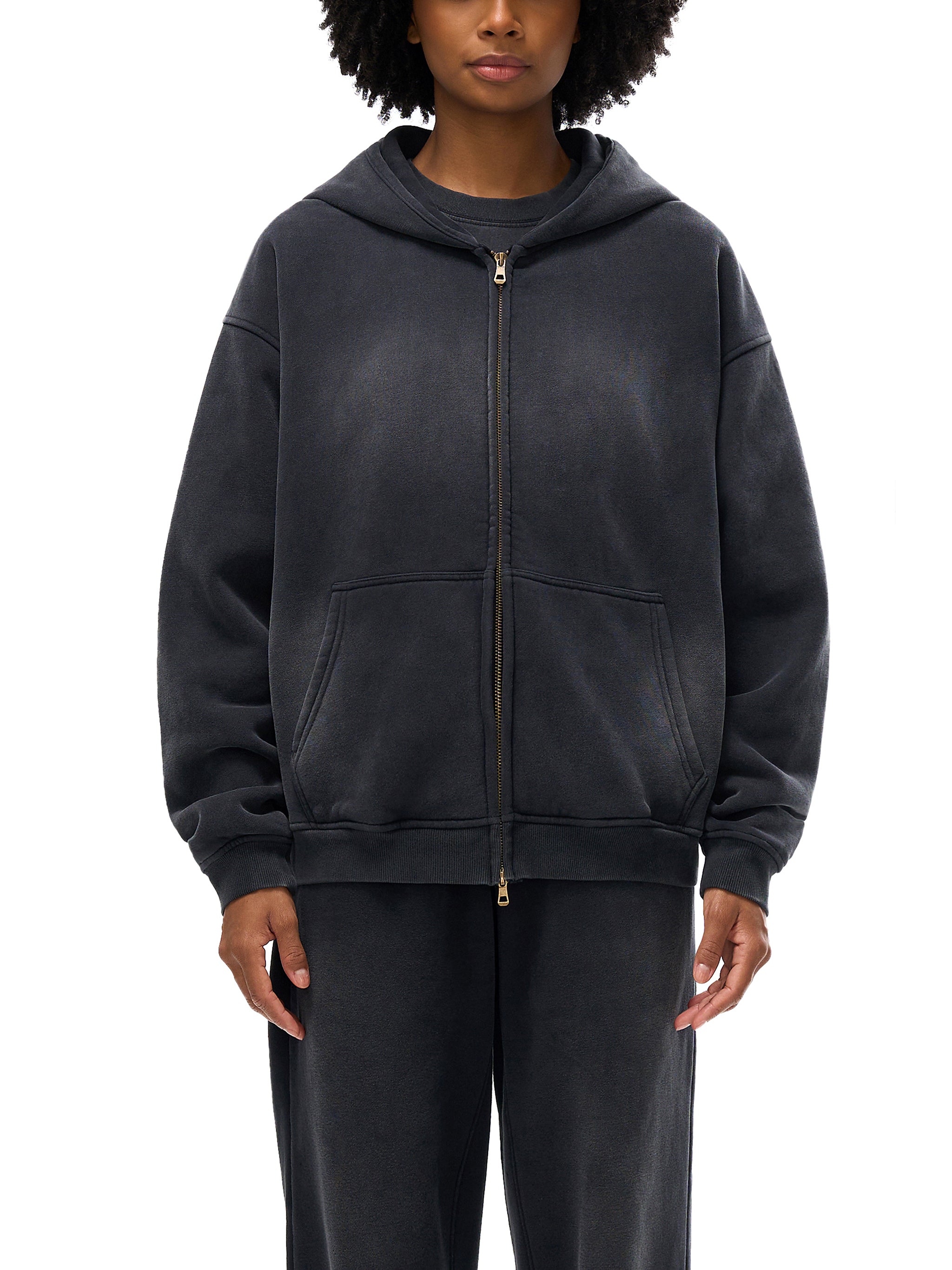 Unisex Vintage Sunfade Two-Way Zip Boxy Fleece Hoodie – Oversized Heavyweight Hoodie
