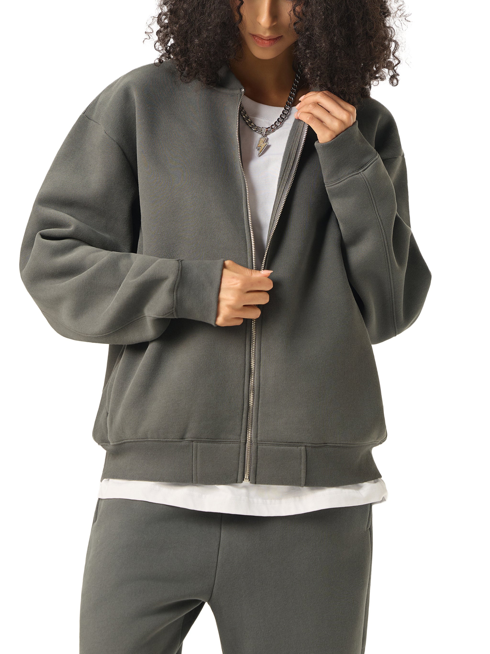 Essential Zip-Up Fleeced Varsity Jacket