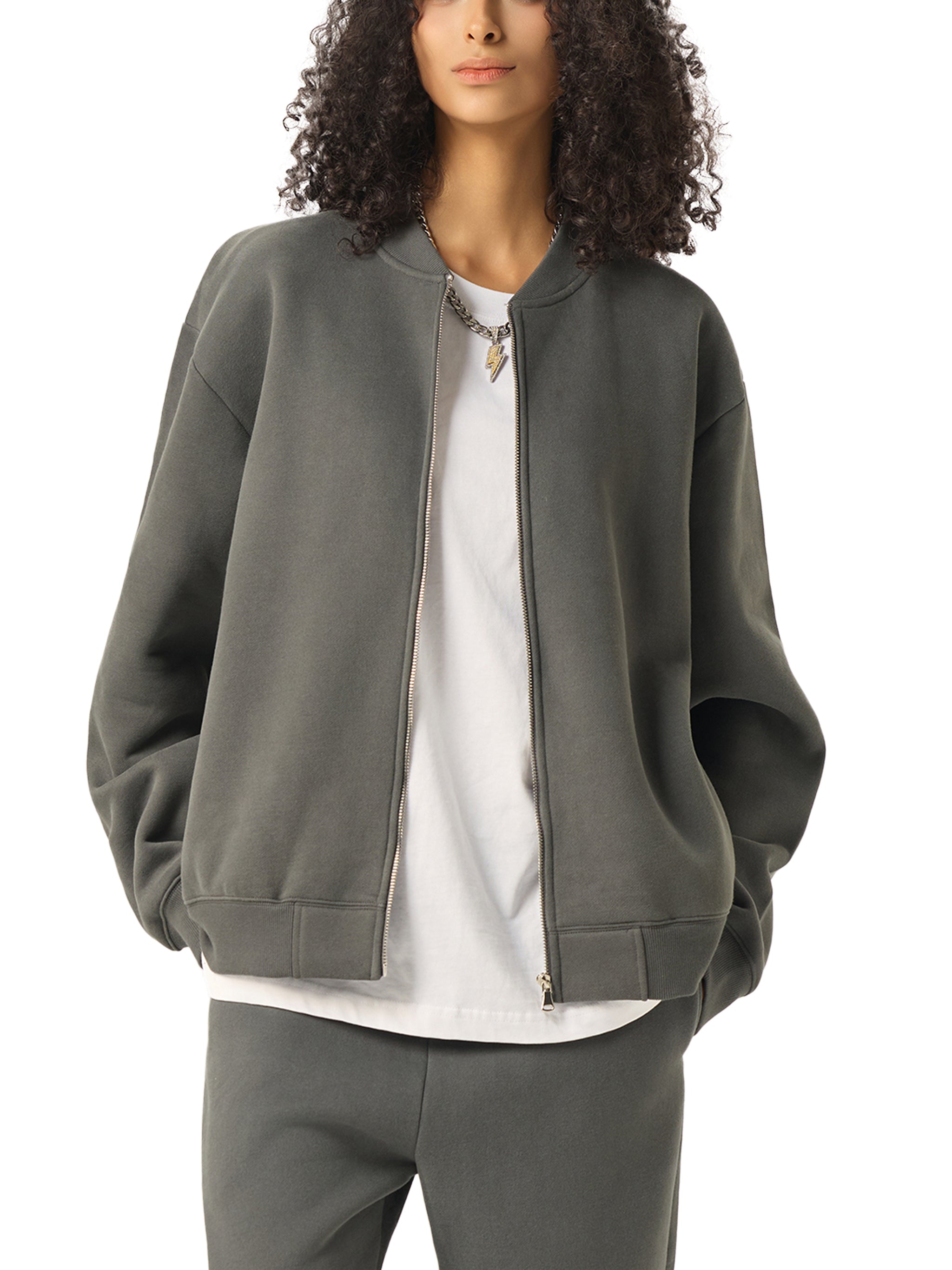 Essential Zip-Up Fleeced Varsity Jacket