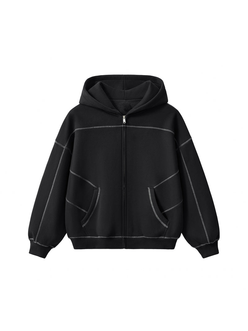 Contrast-Stitched Boxy Fleece Zip Hoodie