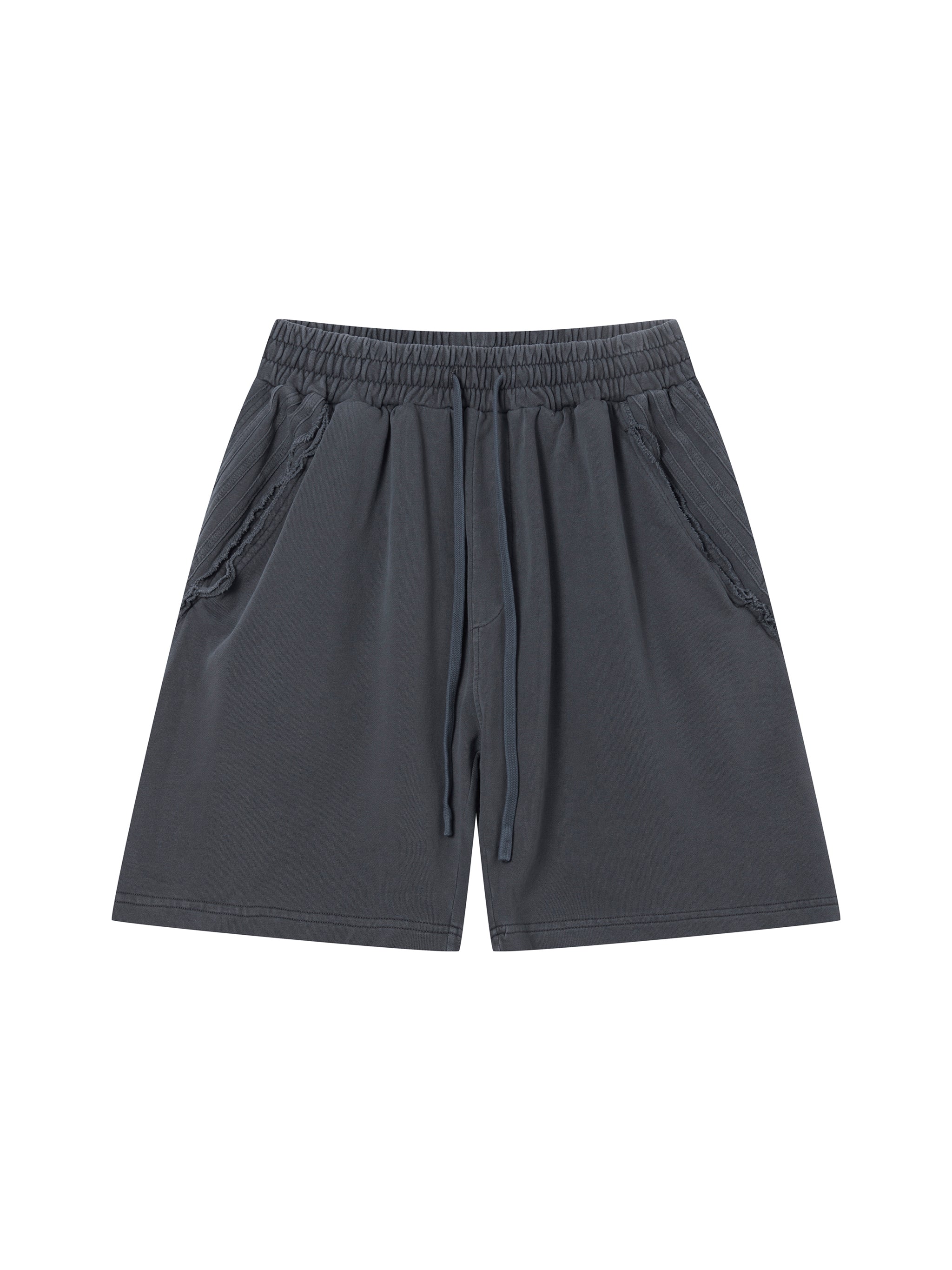 Unisex Vintage Wash Raw Edge Shorts featuring a premium vintage wash finish, raw edge hem, oversized relaxed fit, breathable fabric, and modern U.S. streetwear styling by MYN2O.