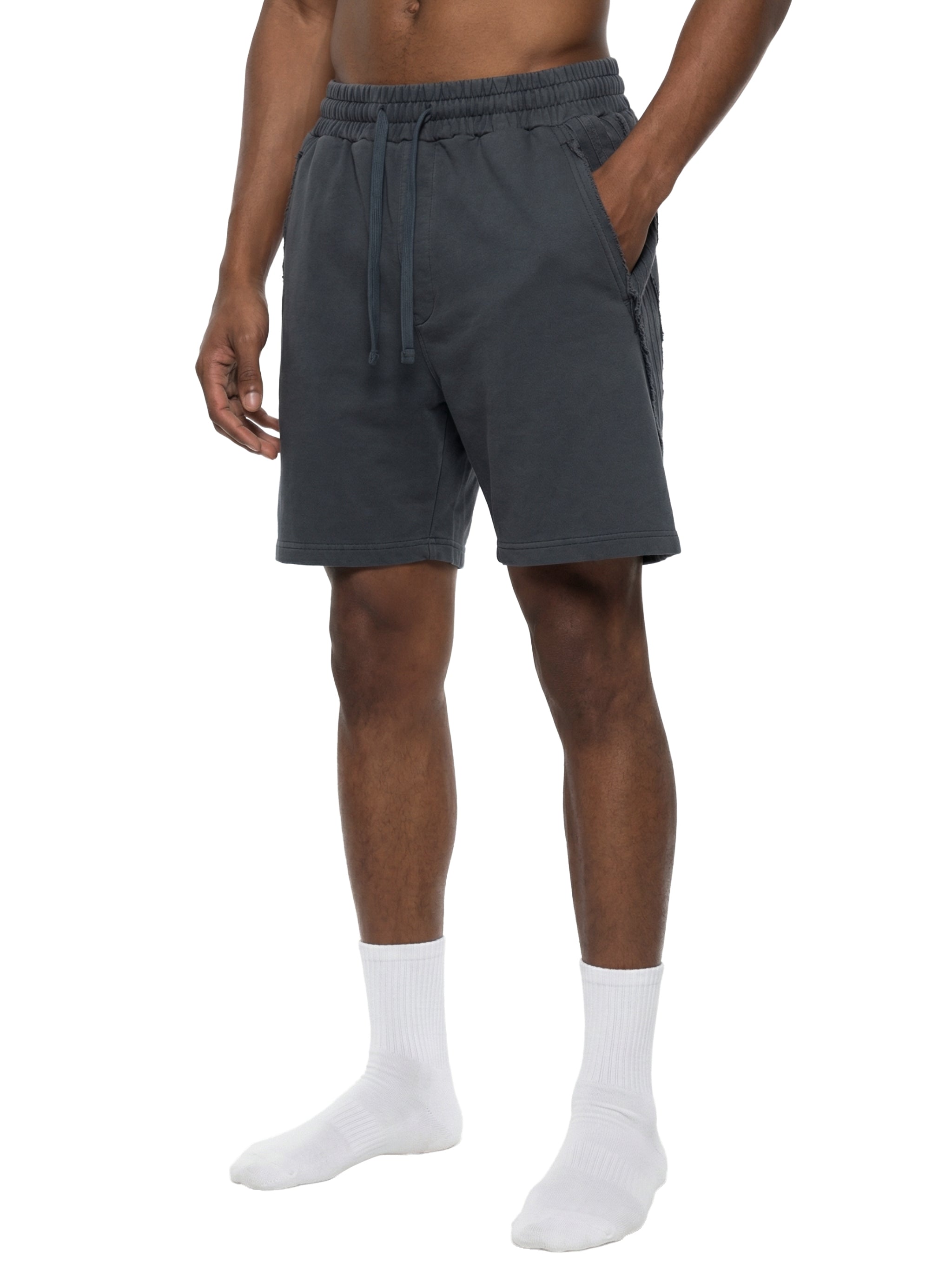 Unisex Vintage Wash Raw Edge Shorts featuring a premium vintage wash finish, raw edge hem, oversized relaxed fit, breathable fabric, and modern U.S. streetwear styling by MYN2O.