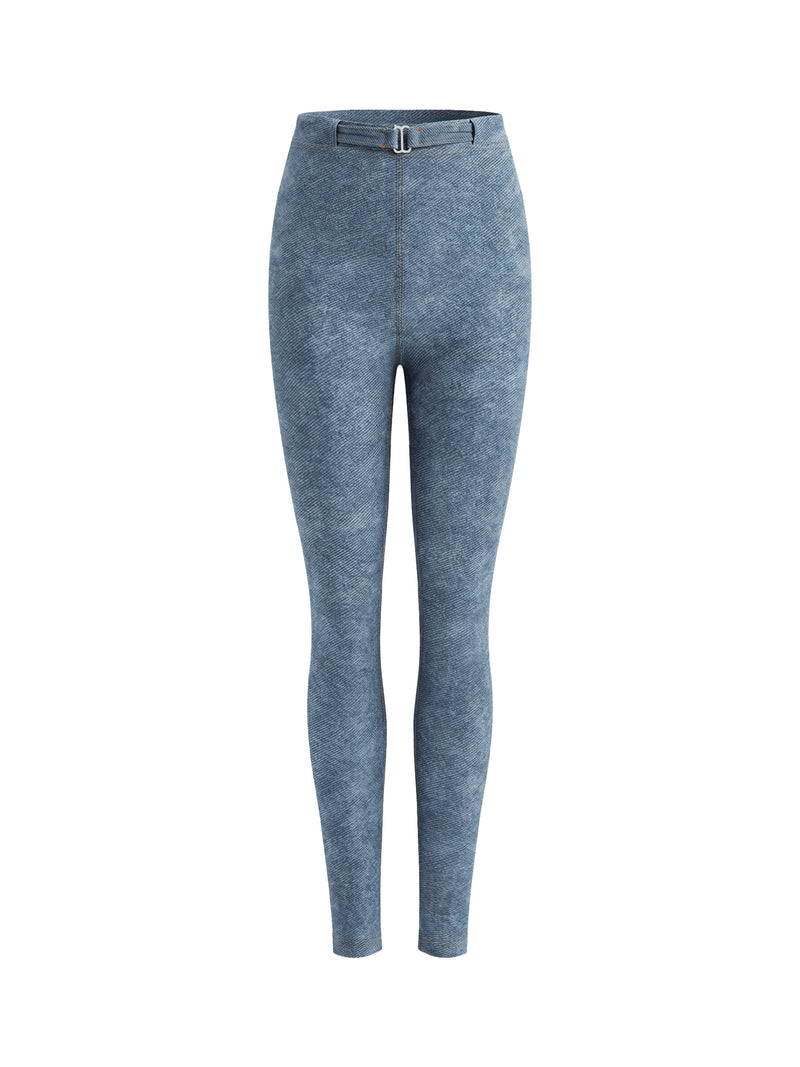 Women's Faux Denim Zip Fly Leggings – High-Waisted Stretch Jeggings