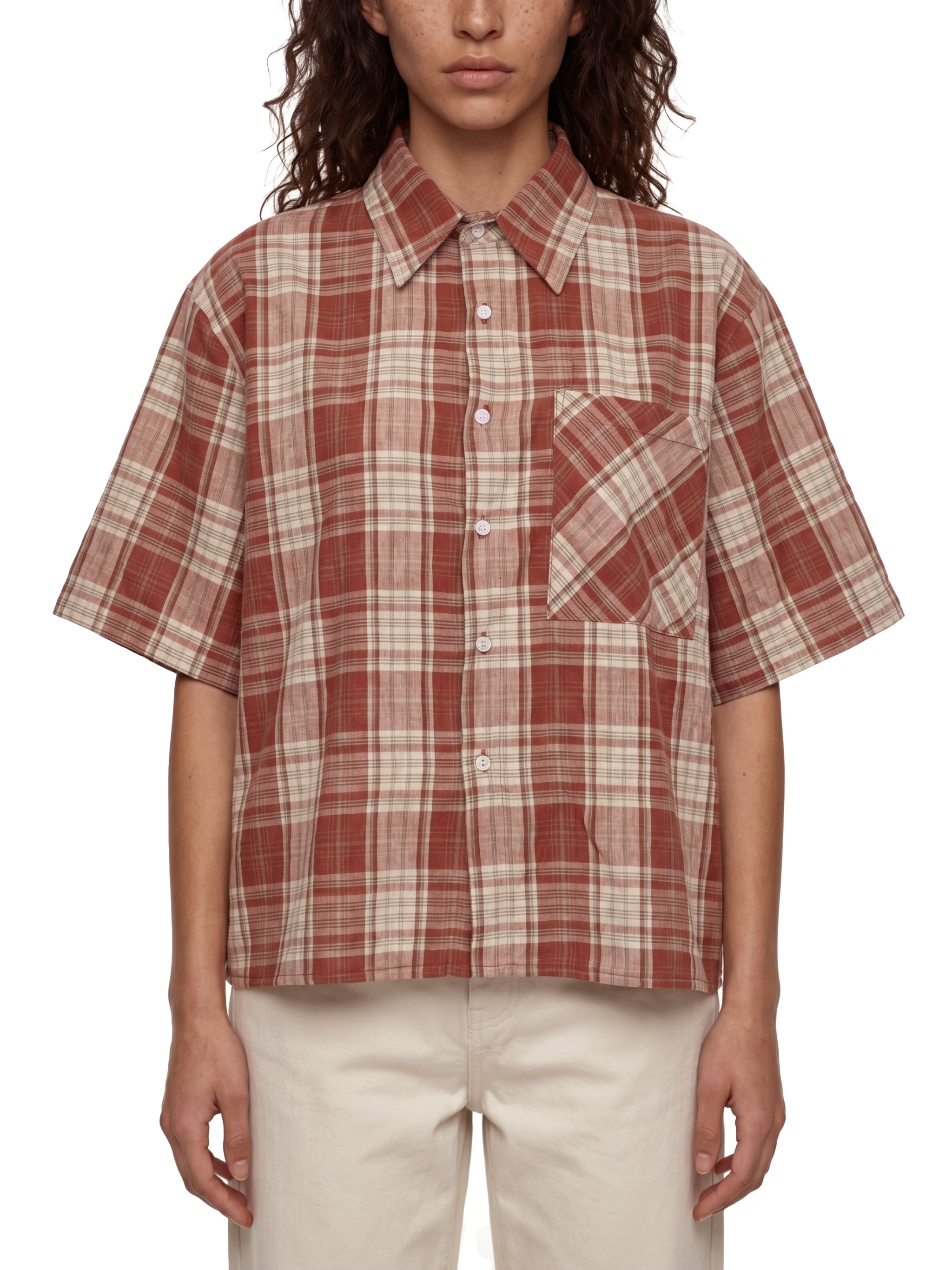 Unisex Plaid Boxy Short Sleeve Shirt – Oversized Casual Button-Up Shirt