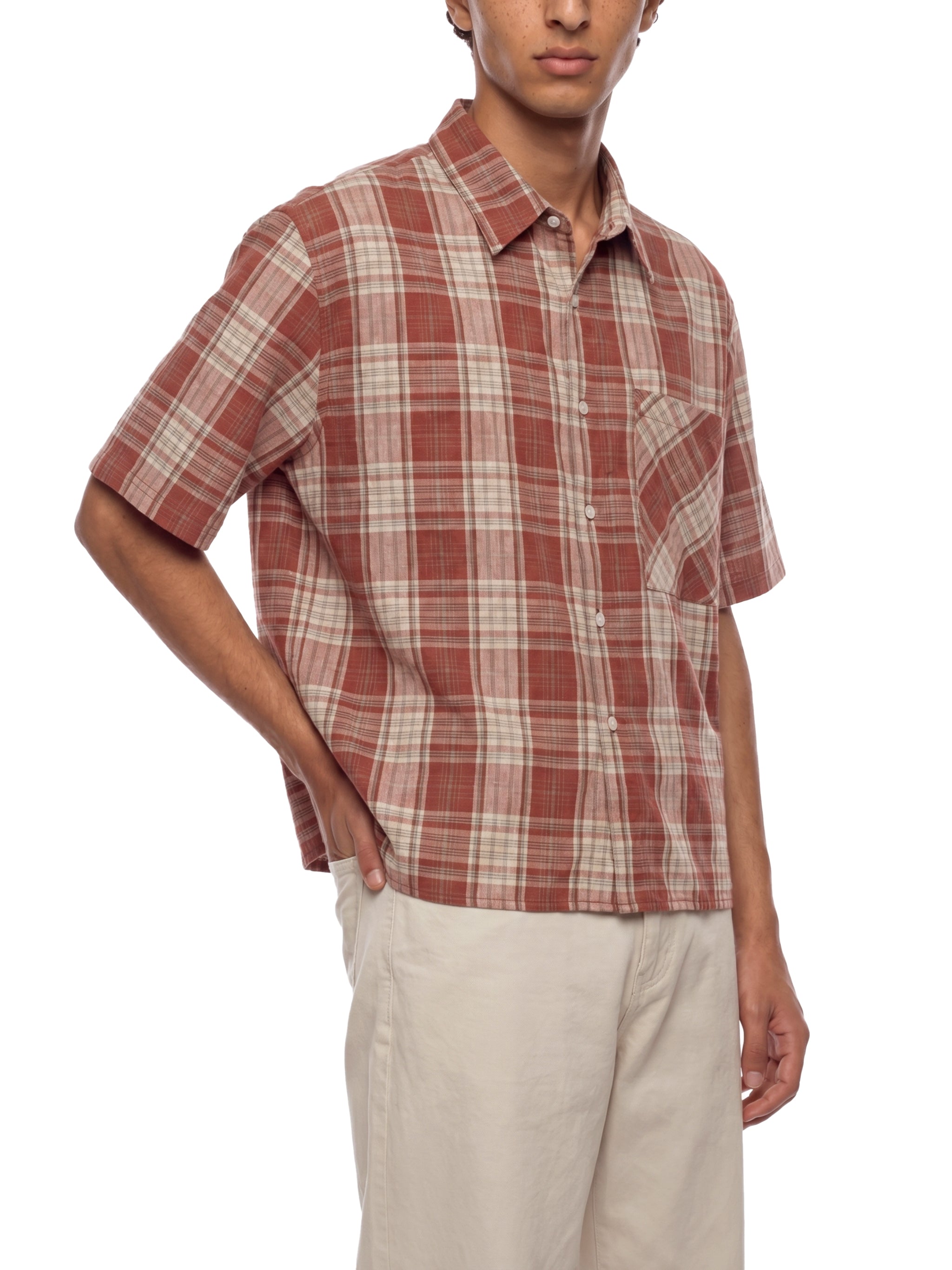 Unisex Plaid Boxy Short Sleeve Shirt – Oversized Casual Button-Up Shirt