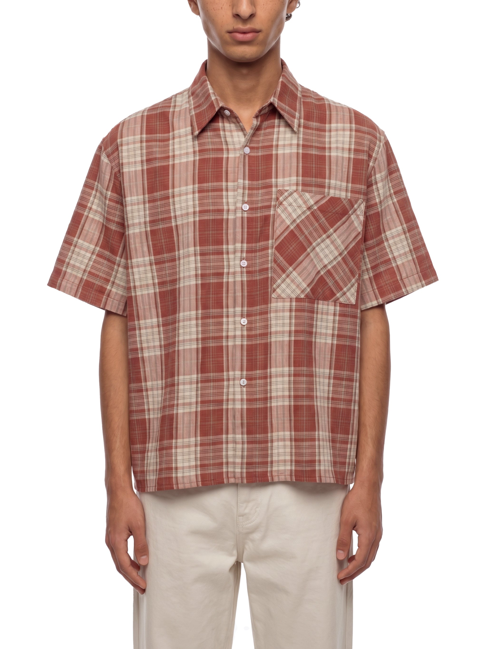 Unisex Plaid Boxy Short Sleeve Shirt – Oversized Casual Button-Up Shirt