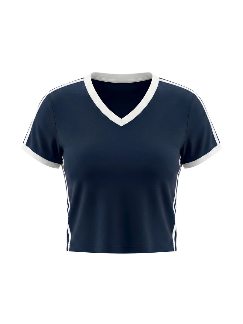 Women's Retro Binding V-Neck Crop T-Shirt – Slim Fit Vintage Crop Top