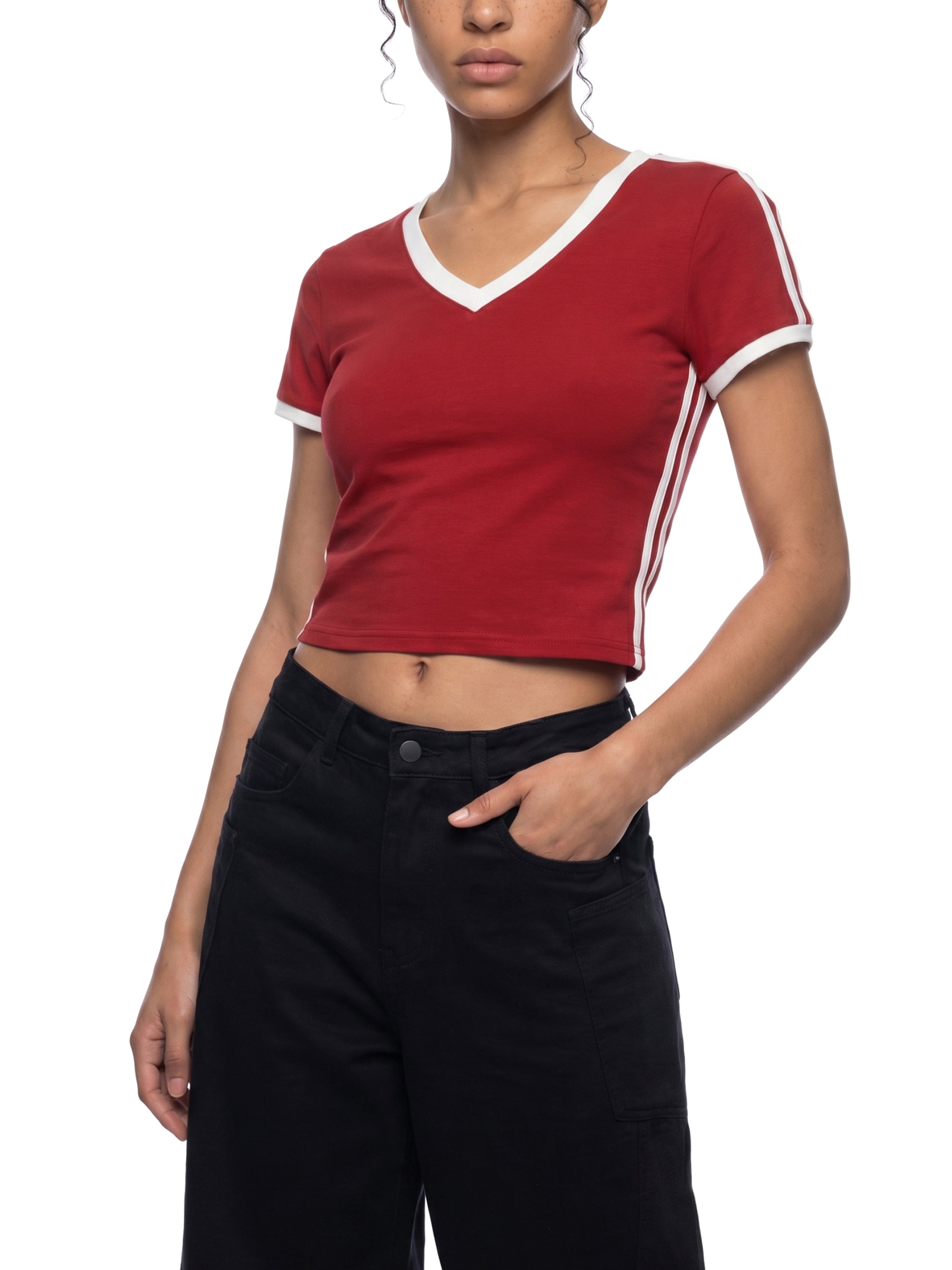Women's Retro Binding V-Neck Crop T-Shirt – Slim Fit Vintage Crop Top