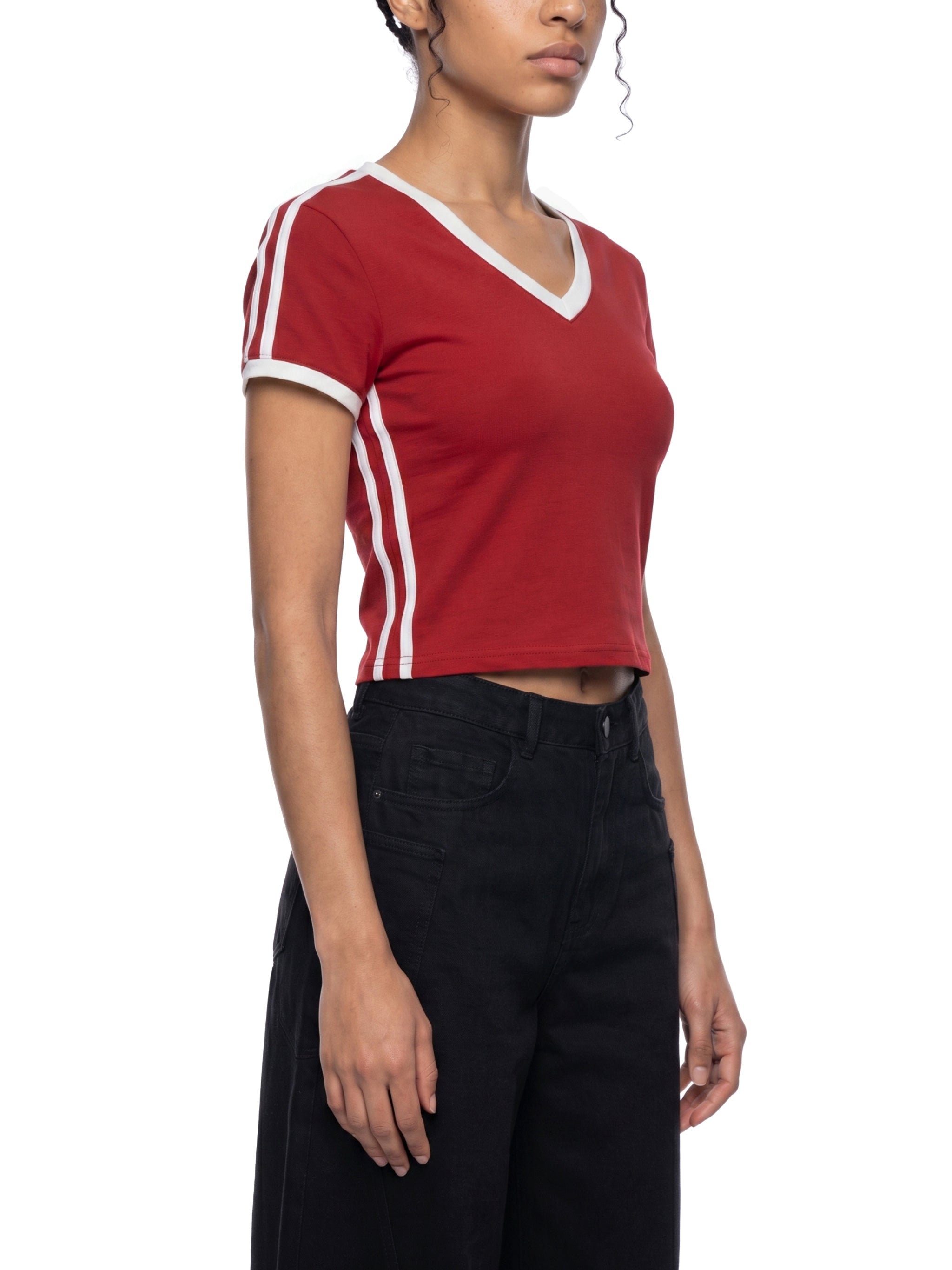 Women's Retro Binding V-Neck Crop T-Shirt – Slim Fit Vintage Crop Top
