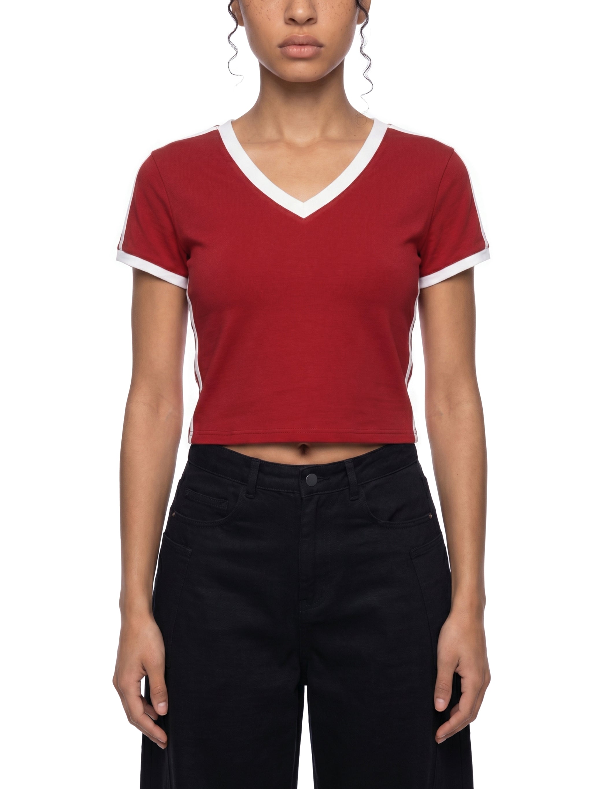 Women's Retro Binding V-Neck Crop T-Shirt – Slim Fit Vintage Crop Top