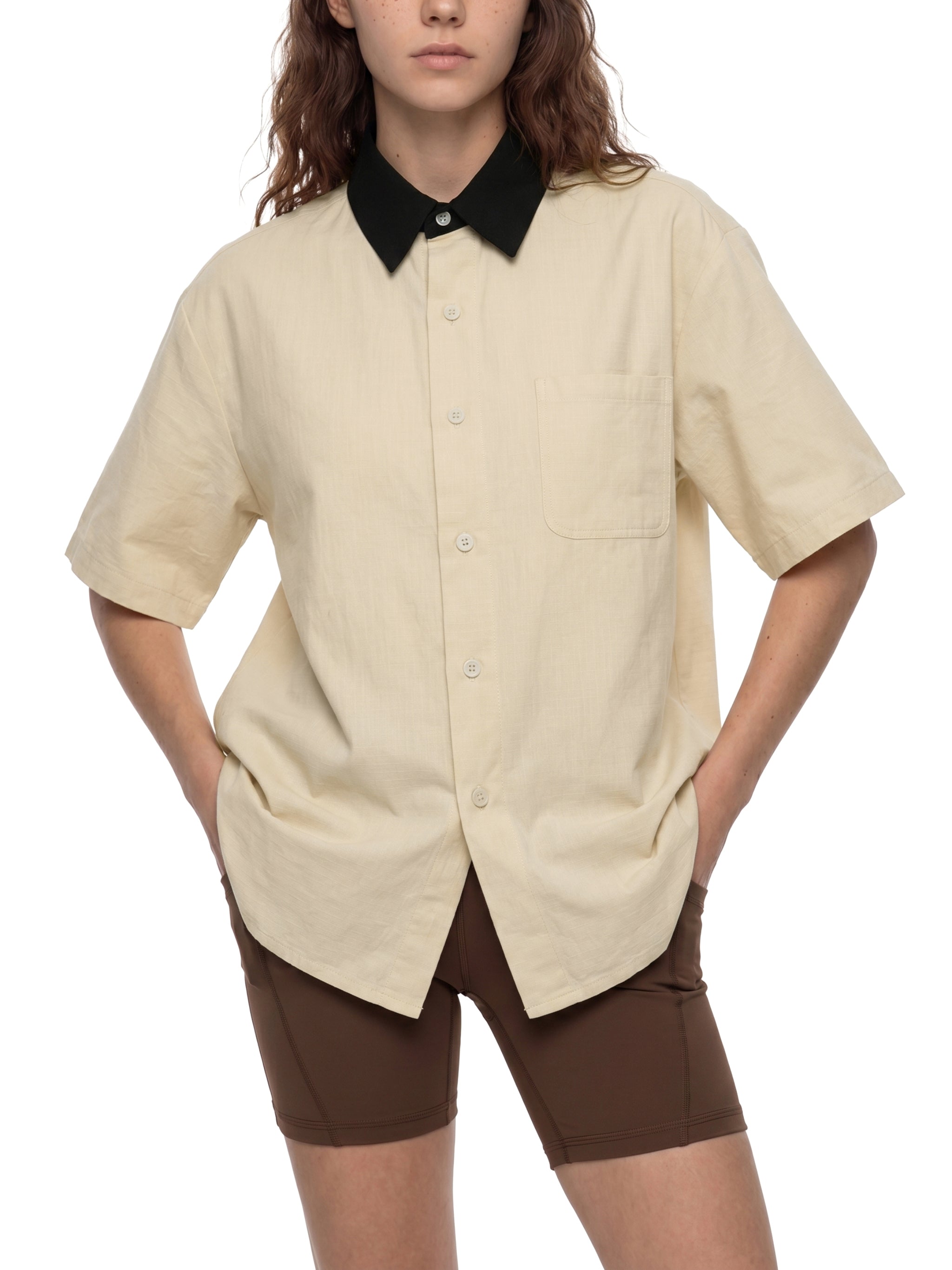 Unisex Color Block Short Sleeve Shirt – Relaxed Fit Casual Button-Up