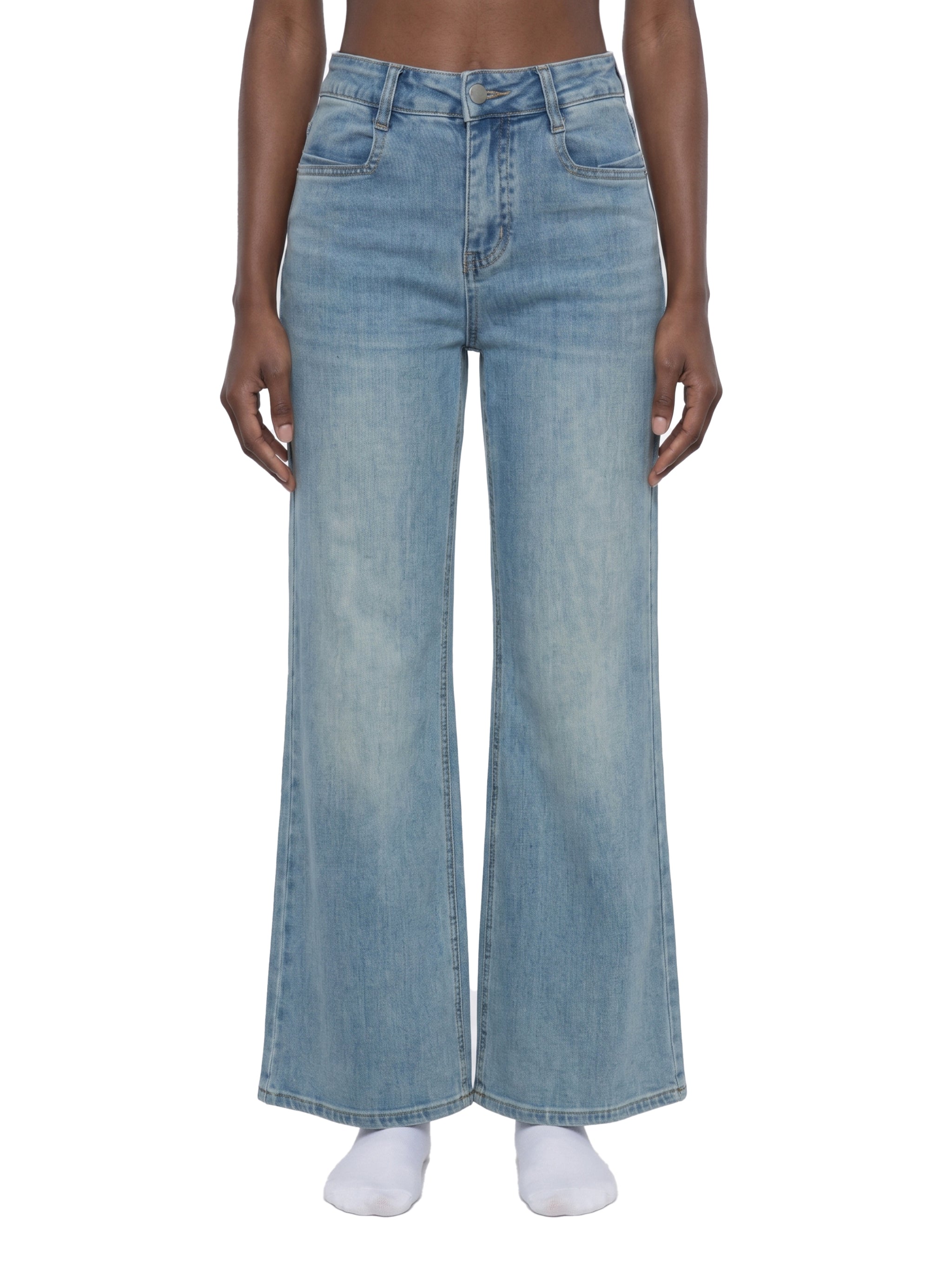 Women's Vintage Wash Flared Leg Jeans – High-Waisted Stretch Denim Pants