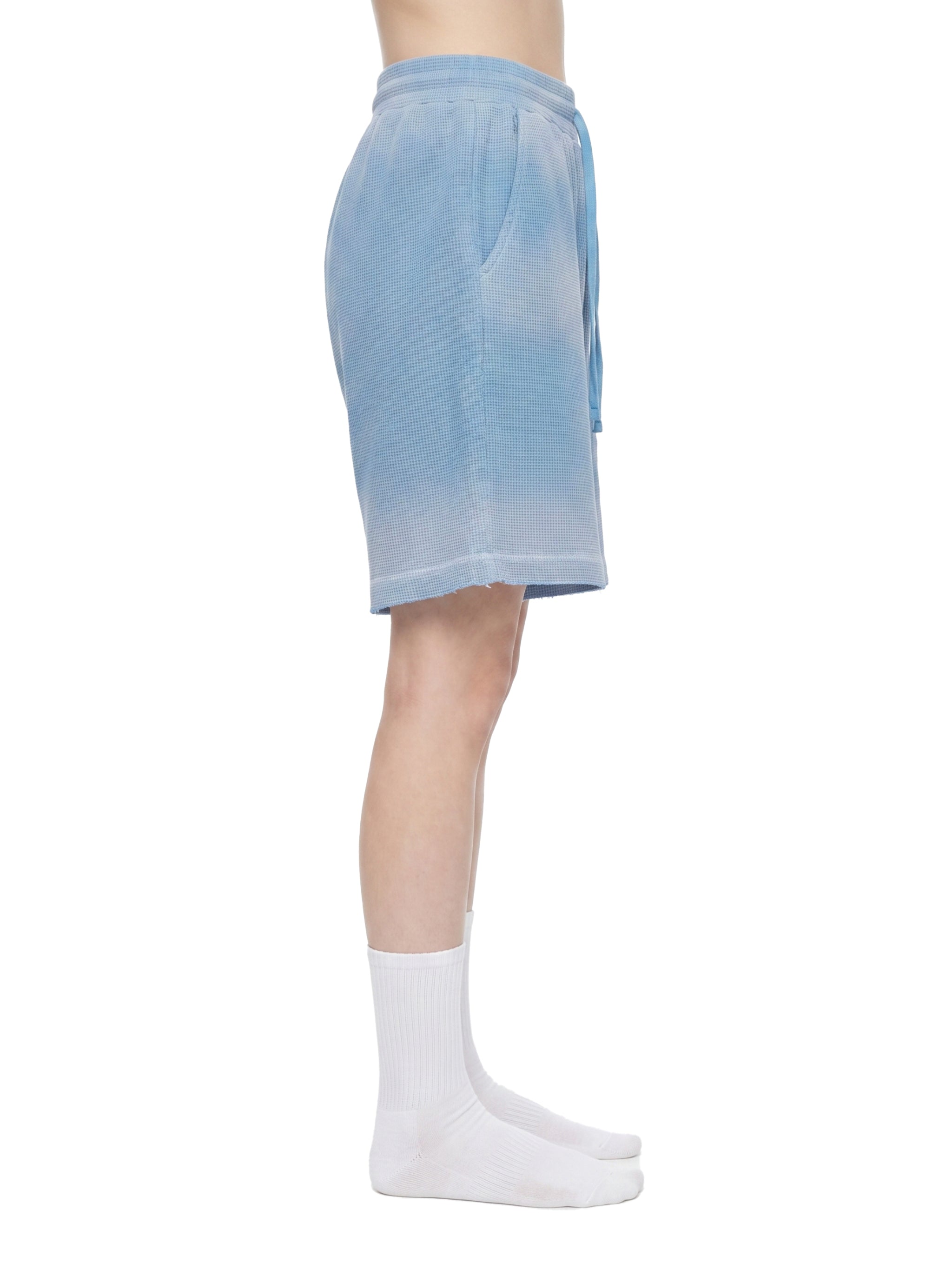 Unisex Vintage Sunfade Waffle Raw Hem Shorts – Oversized Streetwear Lounge Shorts