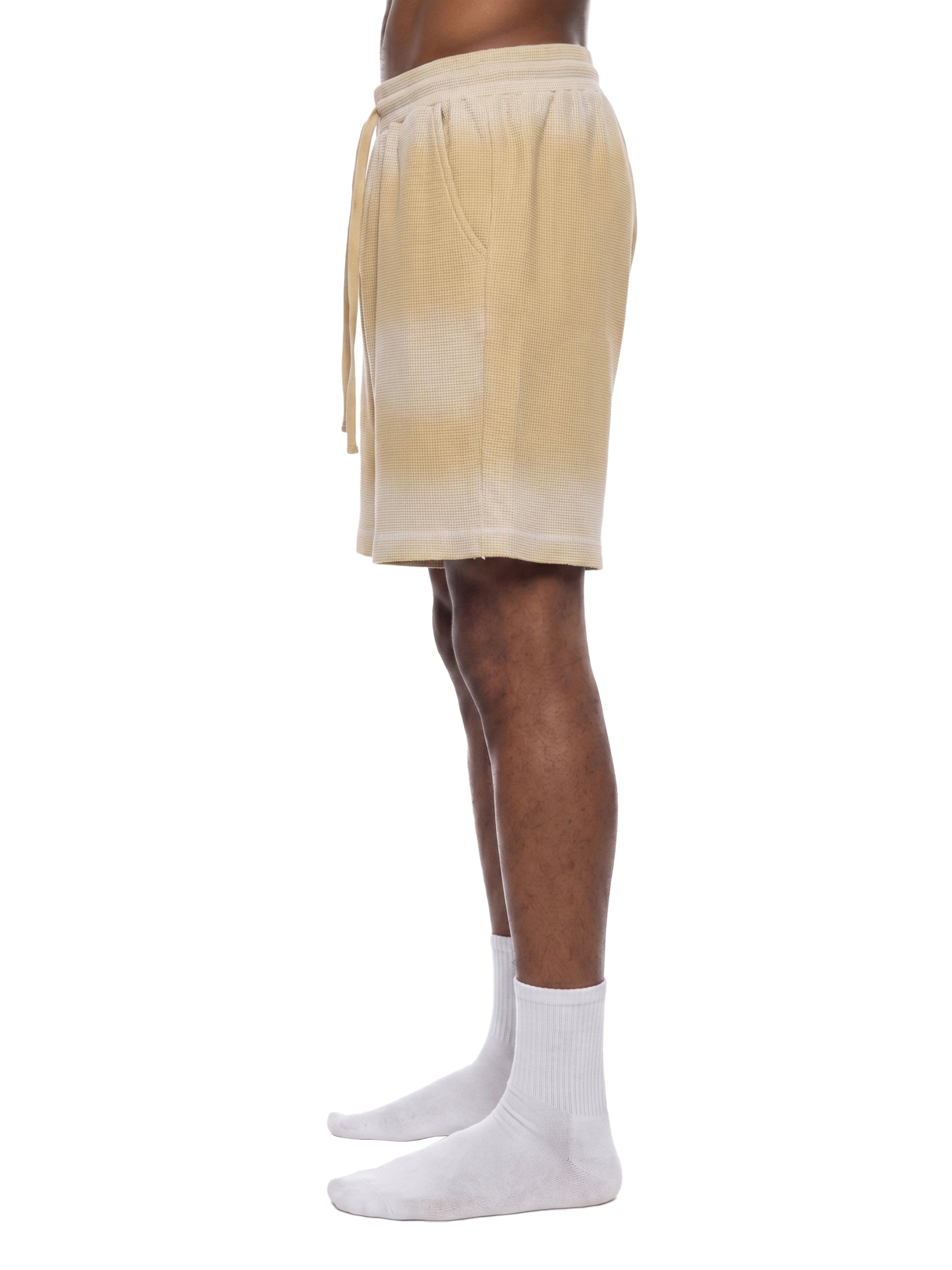 Unisex Vintage Sunfade Waffle Raw Hem Shorts – Oversized Streetwear Lounge Shorts