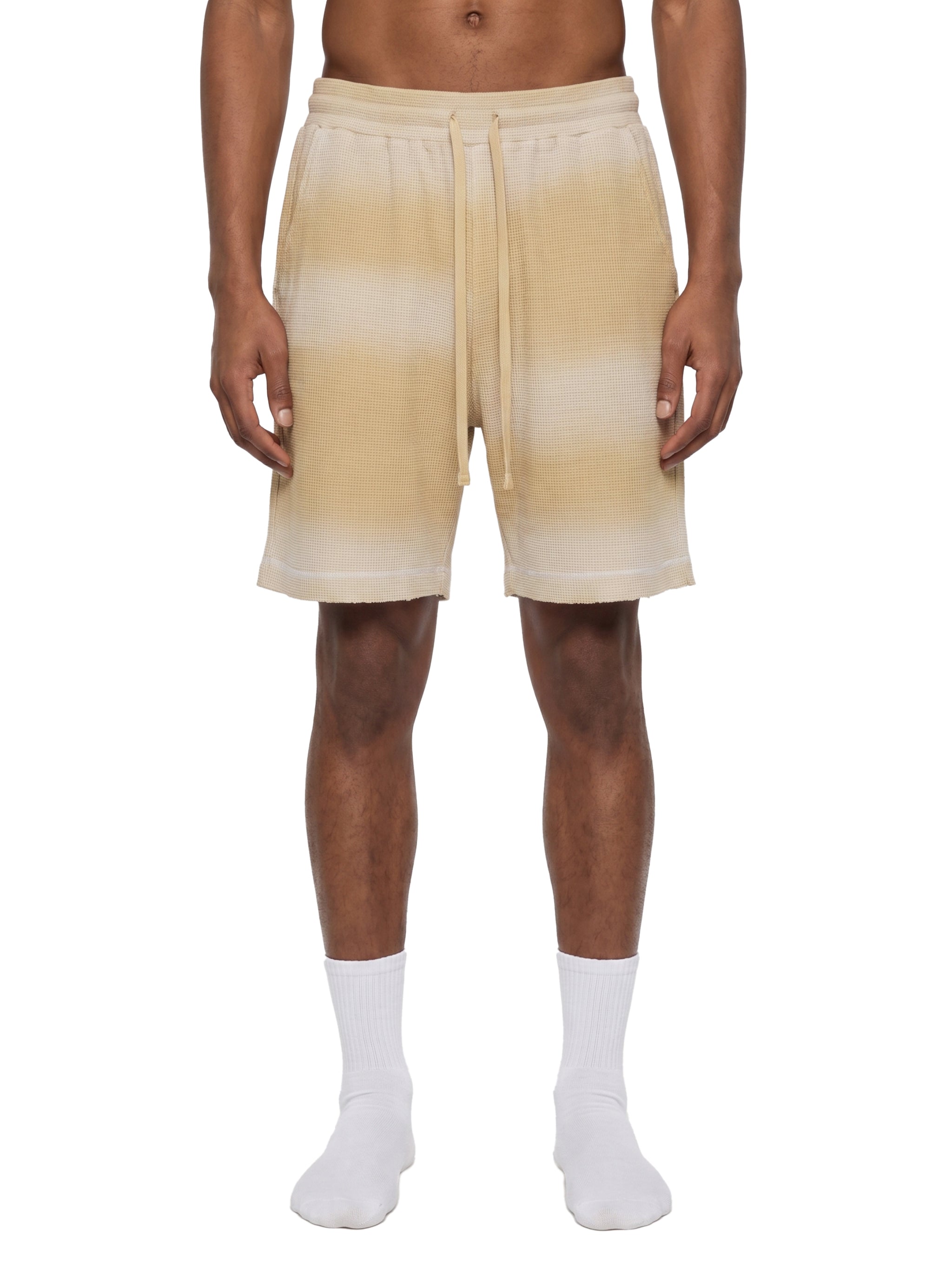 Unisex Vintage Sunfade Waffle Raw Hem Shorts – Oversized Streetwear Lounge Shorts
