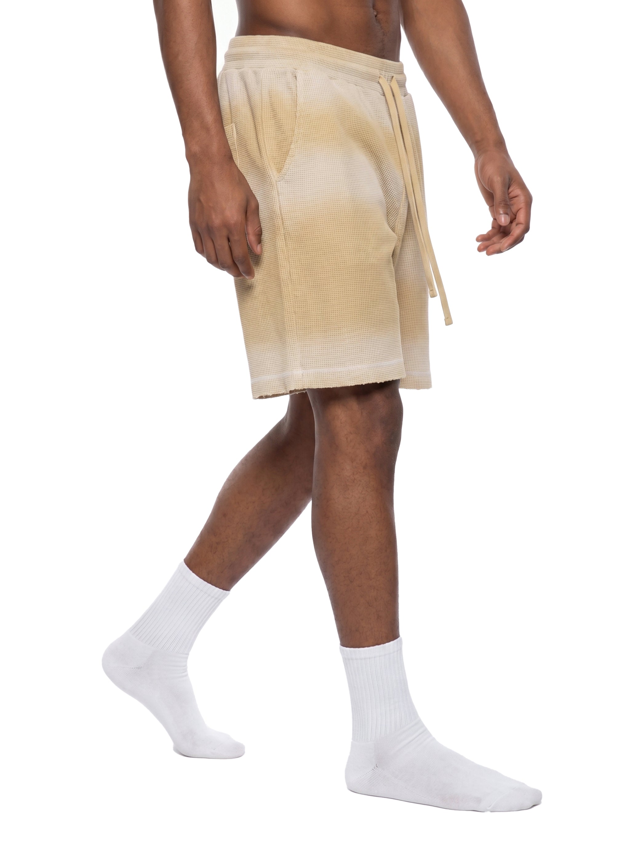 Unisex Vintage Sunfade Waffle Raw Hem Shorts – Oversized Streetwear Lounge Shorts