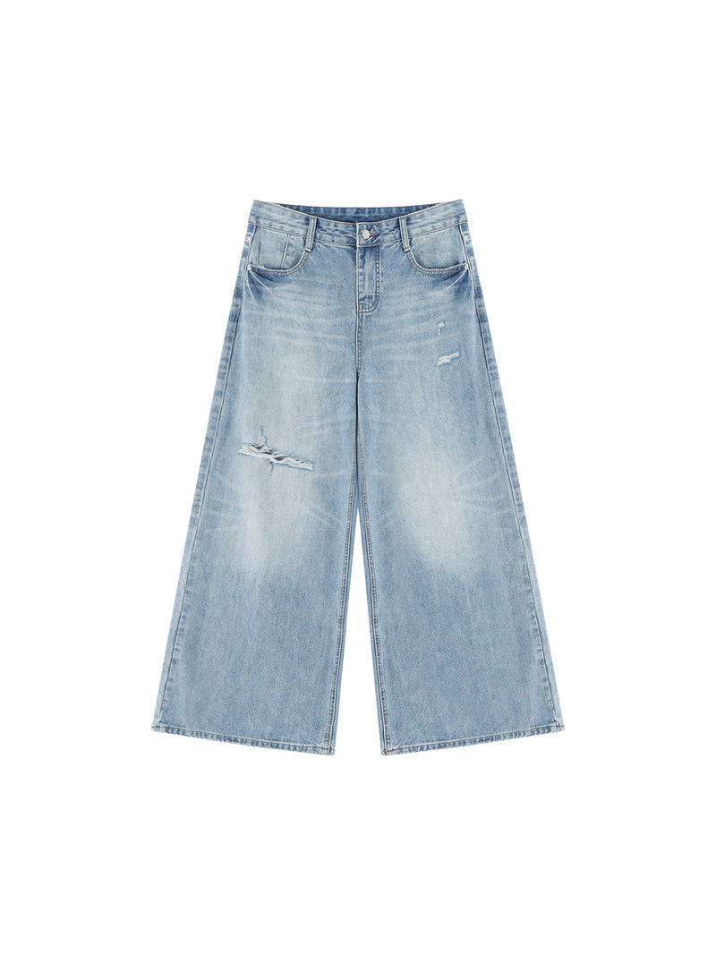 Women's Vintage Wash Distressed Wide Leg Jeans – High-Rise Relaxed Fit Denim