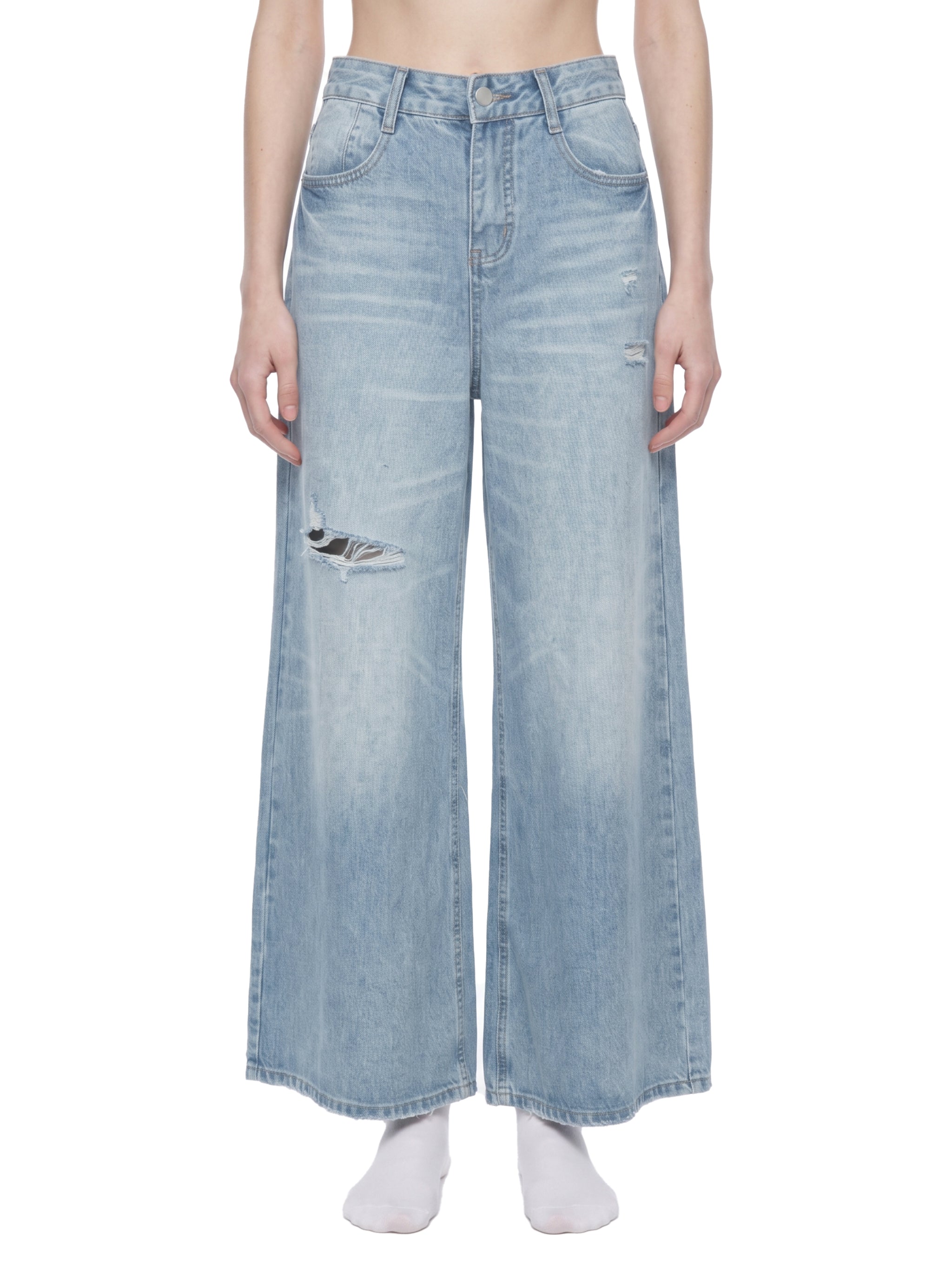 Women's Vintage Wash Distressed Wide Leg Jeans – High-Rise Relaxed Fit Denim