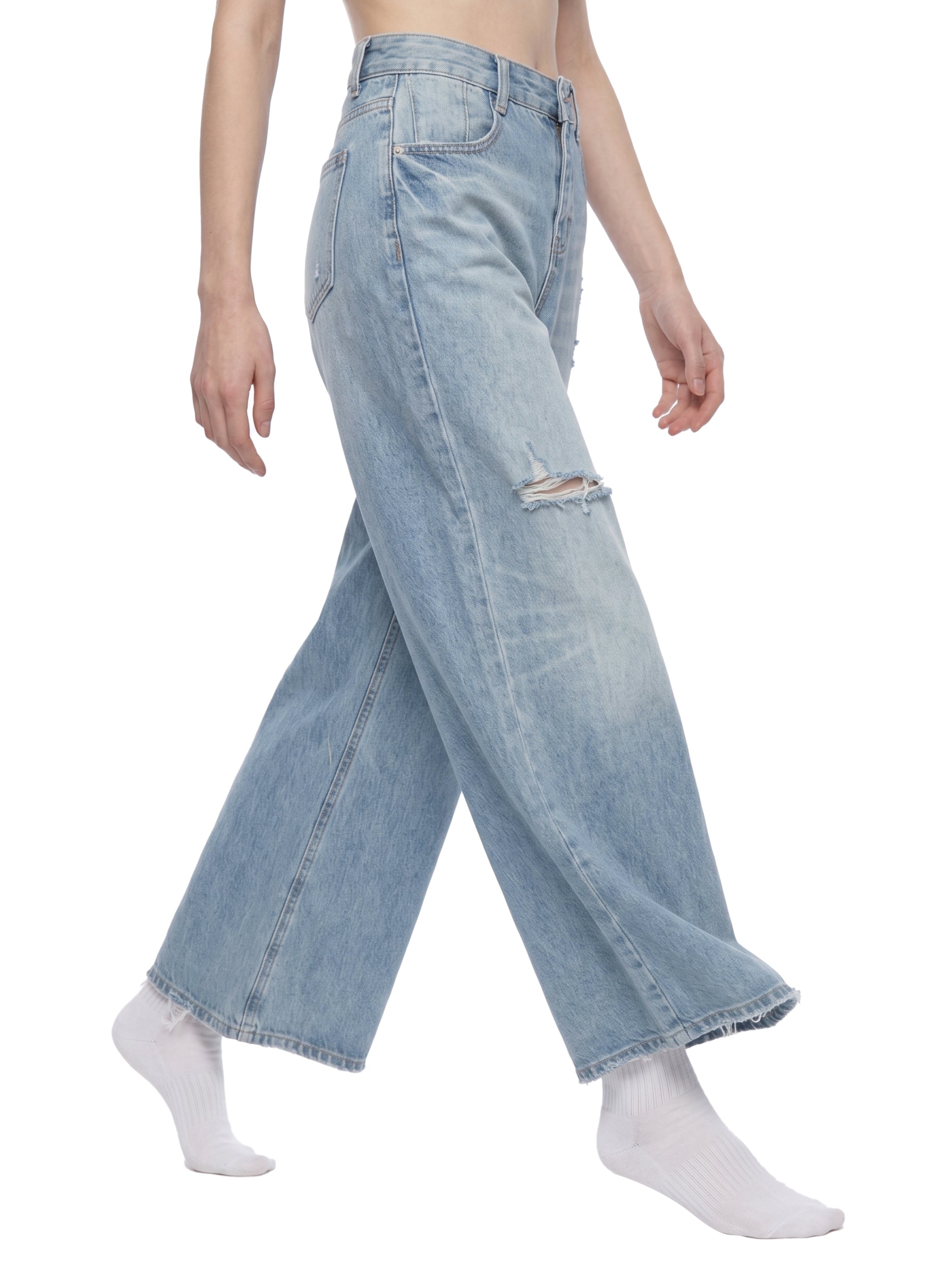 Women's Vintage Wash Distressed Wide Leg Jeans – High-Rise Relaxed Fit Denim