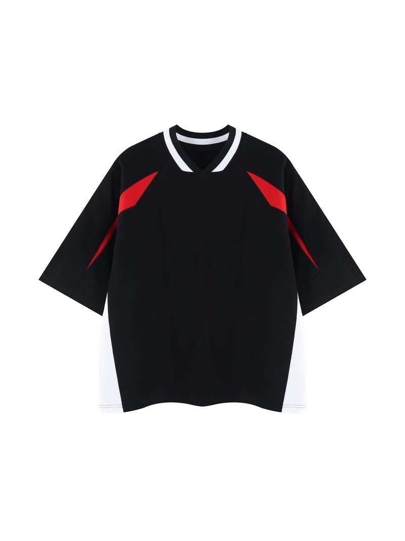 Unisex Oversized Color Block V-Neck T-Shirt – Retro Streetwear Contrast Tee
