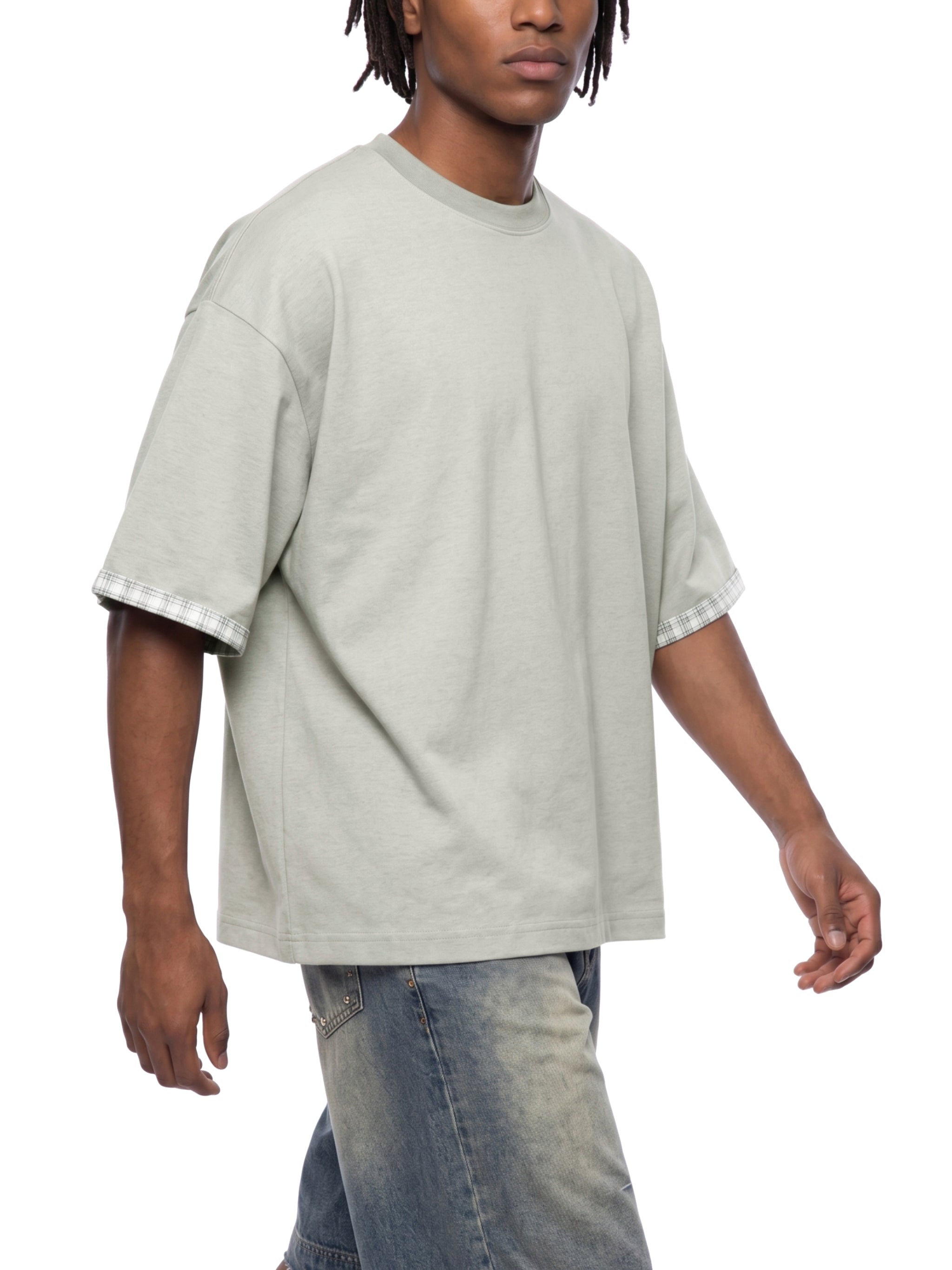 Unisex Boxy Plaid Lined Double Face T-Shirt – Oversized Layered Streetwear Tee
