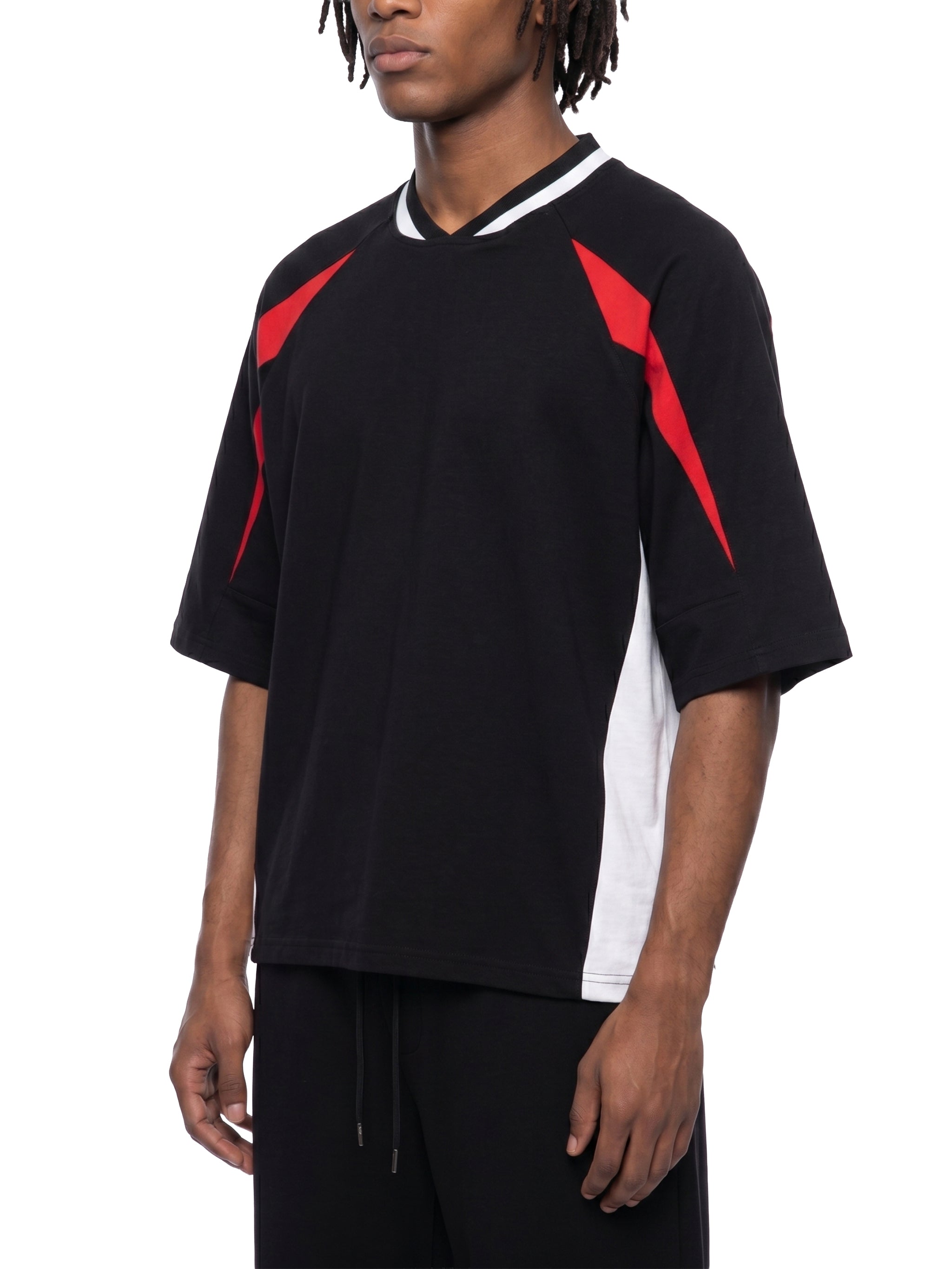 Unisex Oversized Color Block V-Neck T-Shirt – Retro Streetwear Contrast Tee