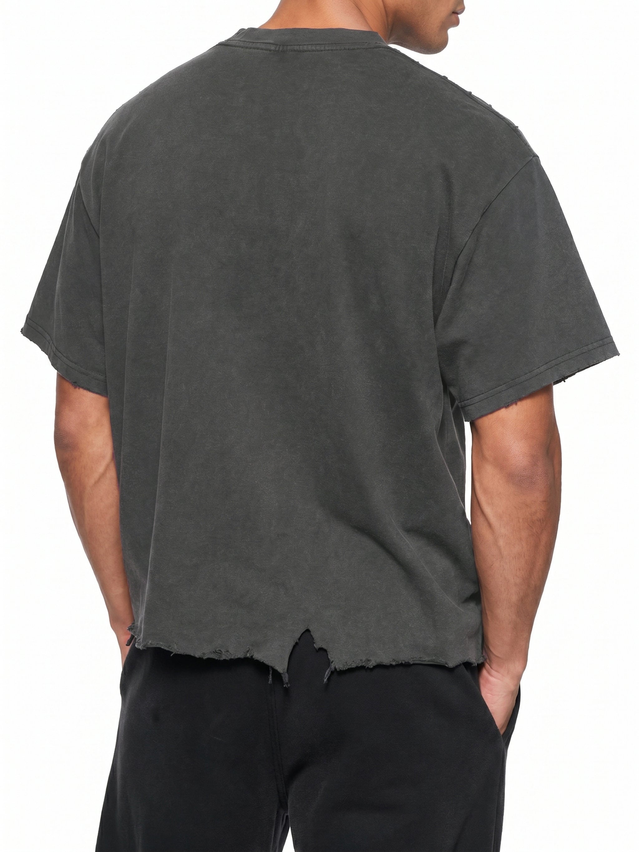 Unisex Vintage Wash Distressed Hem T-Shirt – Oversized Boxy Retro Streetwear Tee