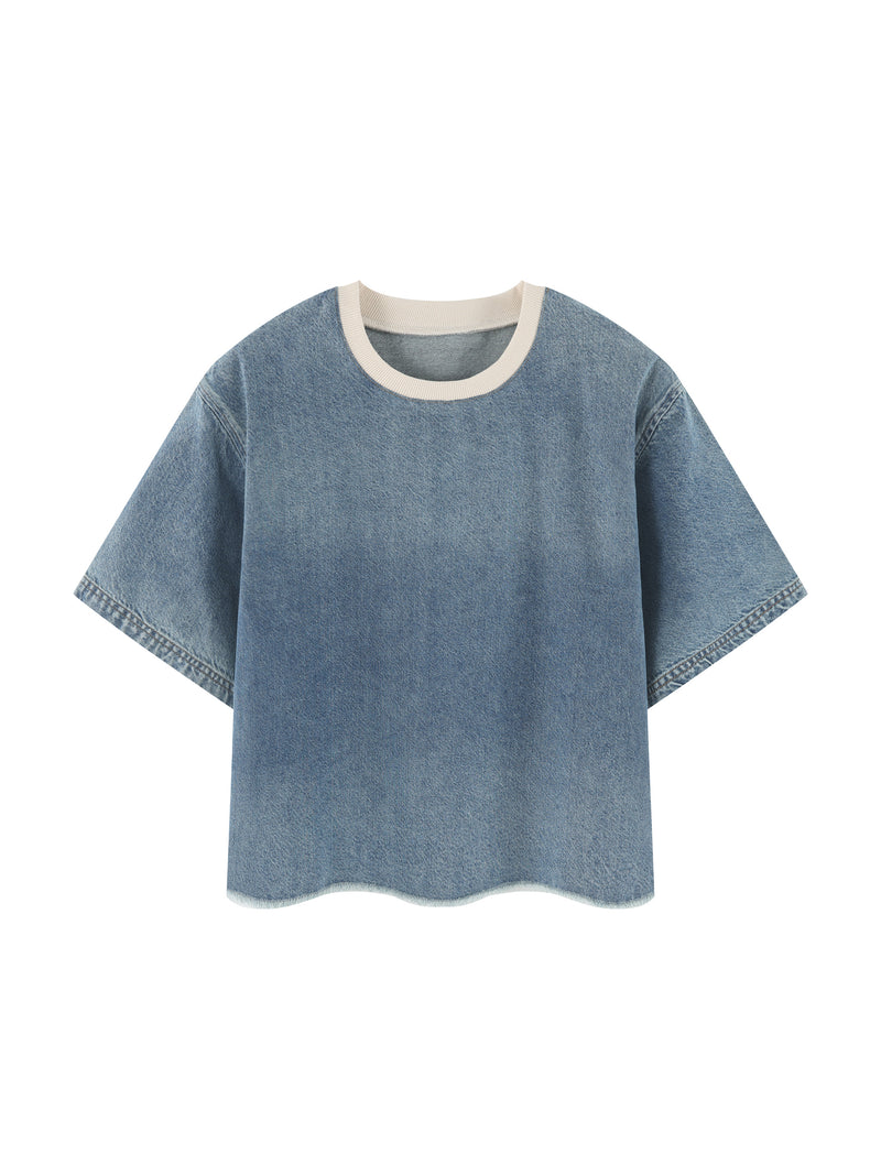 Unisex Vintage Wash Raw Hem Denim T-Shirt – Oversized Boxy Streetwear Denim Tee