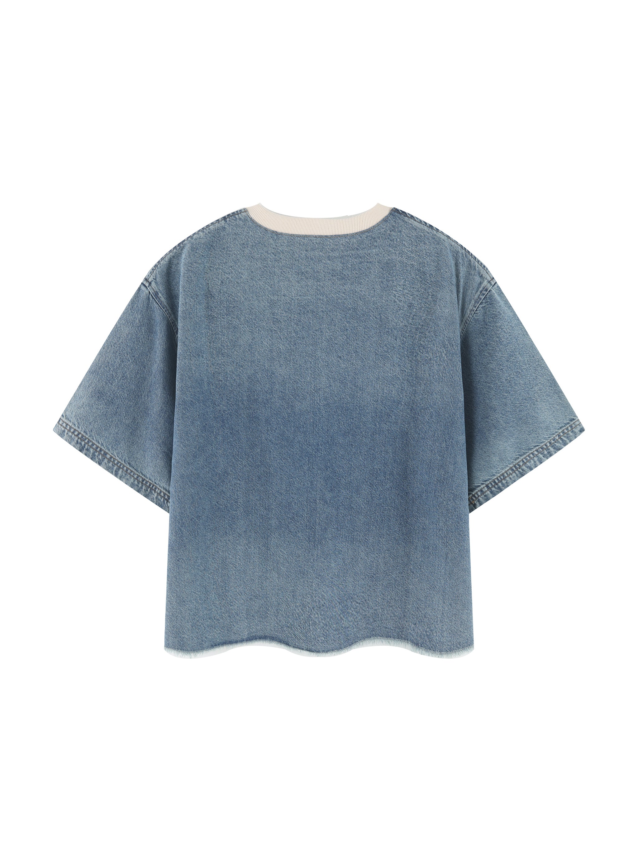 Unisex Vintage Wash Raw Hem Denim T-Shirt – Oversized Boxy Streetwear Denim Tee