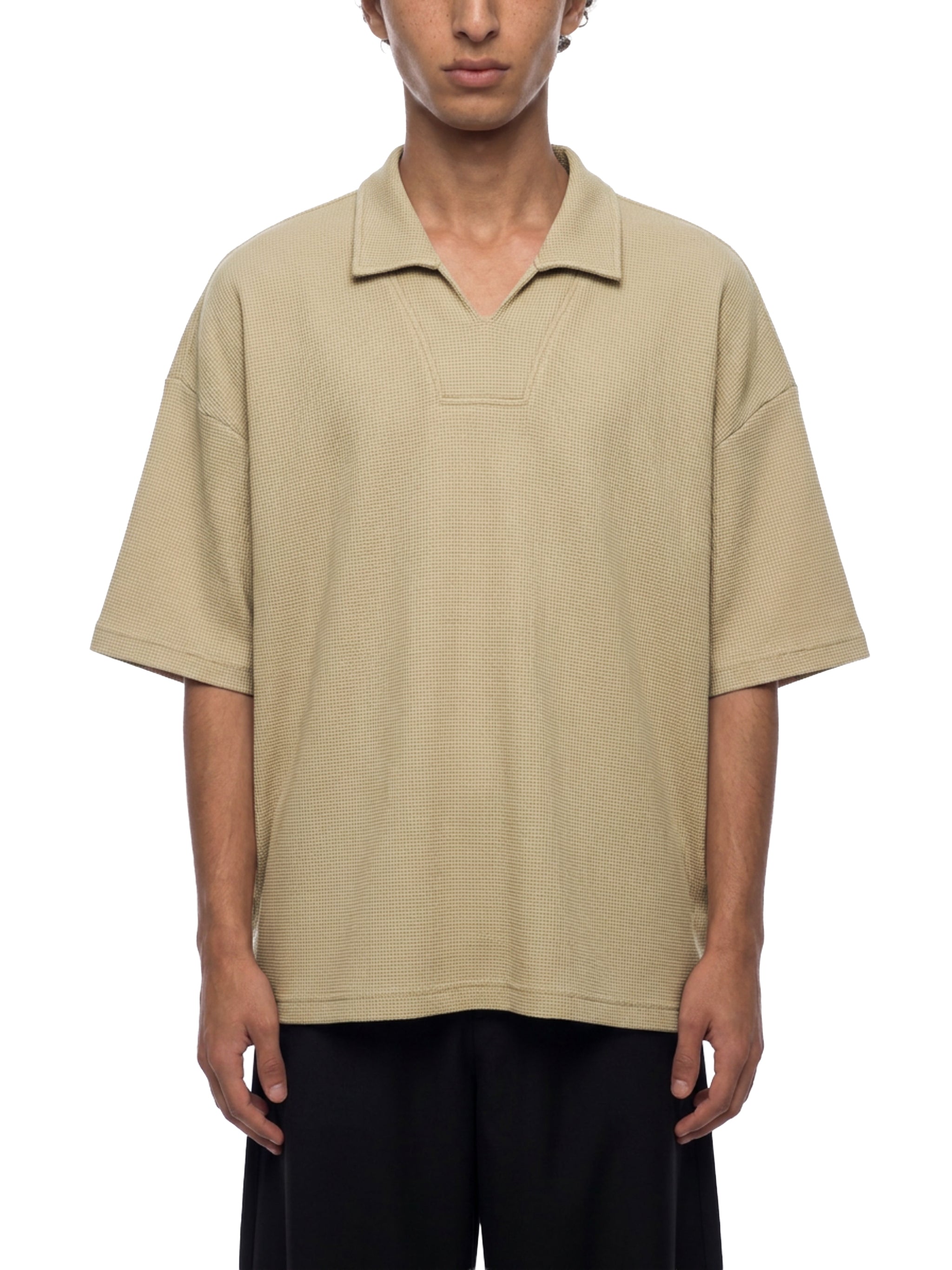 Unisex Oversized Vintage Wash Waffle Knit Polo Shirt – Boxy Streetwear Textured Tee
