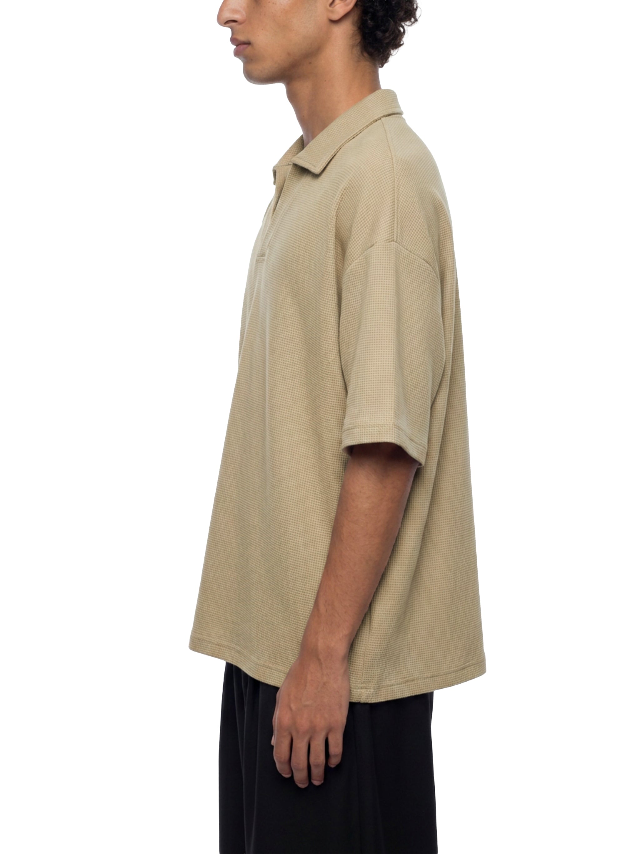 Unisex Oversized Vintage Wash Waffle Knit Polo Shirt – Boxy Streetwear Textured Tee