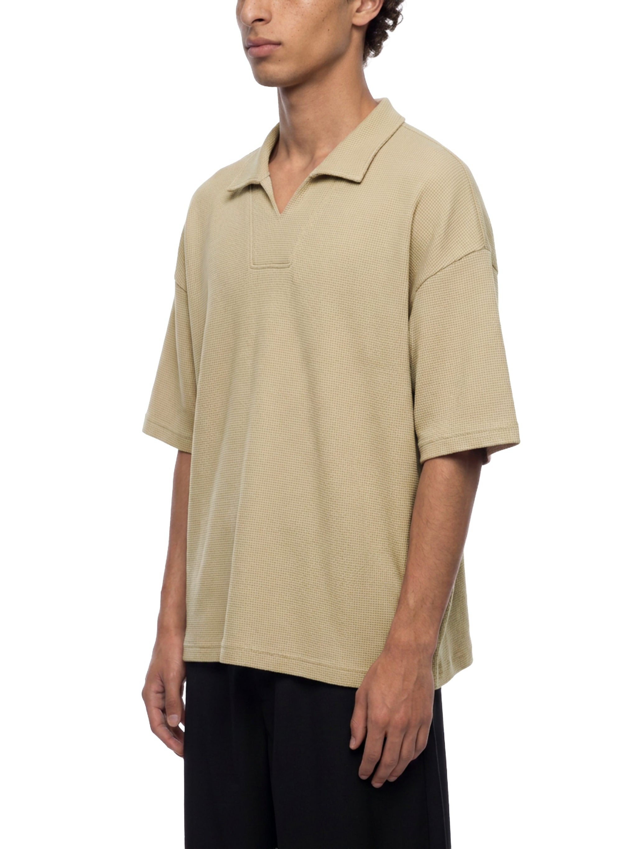 Unisex Oversized Vintage Wash Waffle Knit Polo Shirt – Boxy Streetwear Textured Tee