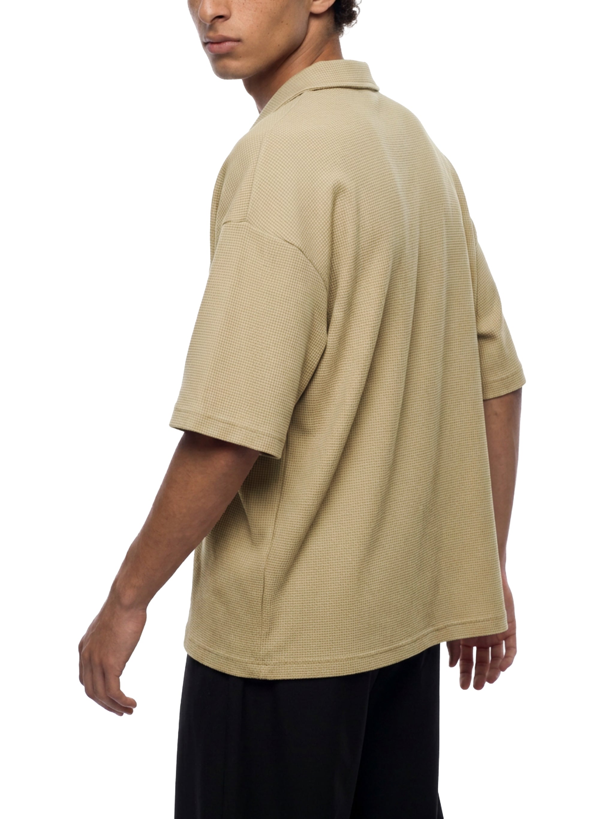 Unisex Oversized Vintage Wash Waffle Knit Polo Shirt – Boxy Streetwear Textured Tee